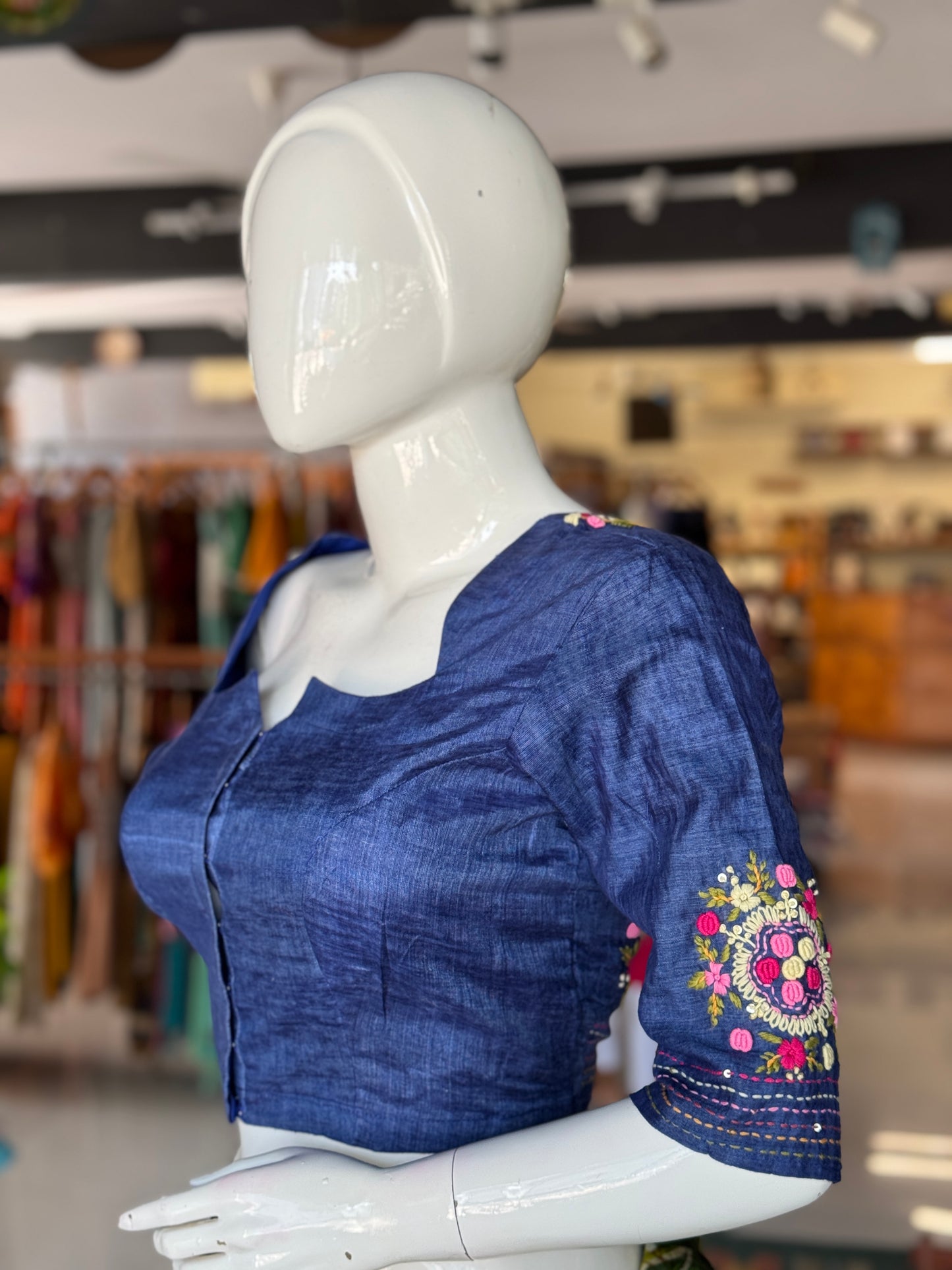 Blue floral hand embroidered silk blouse