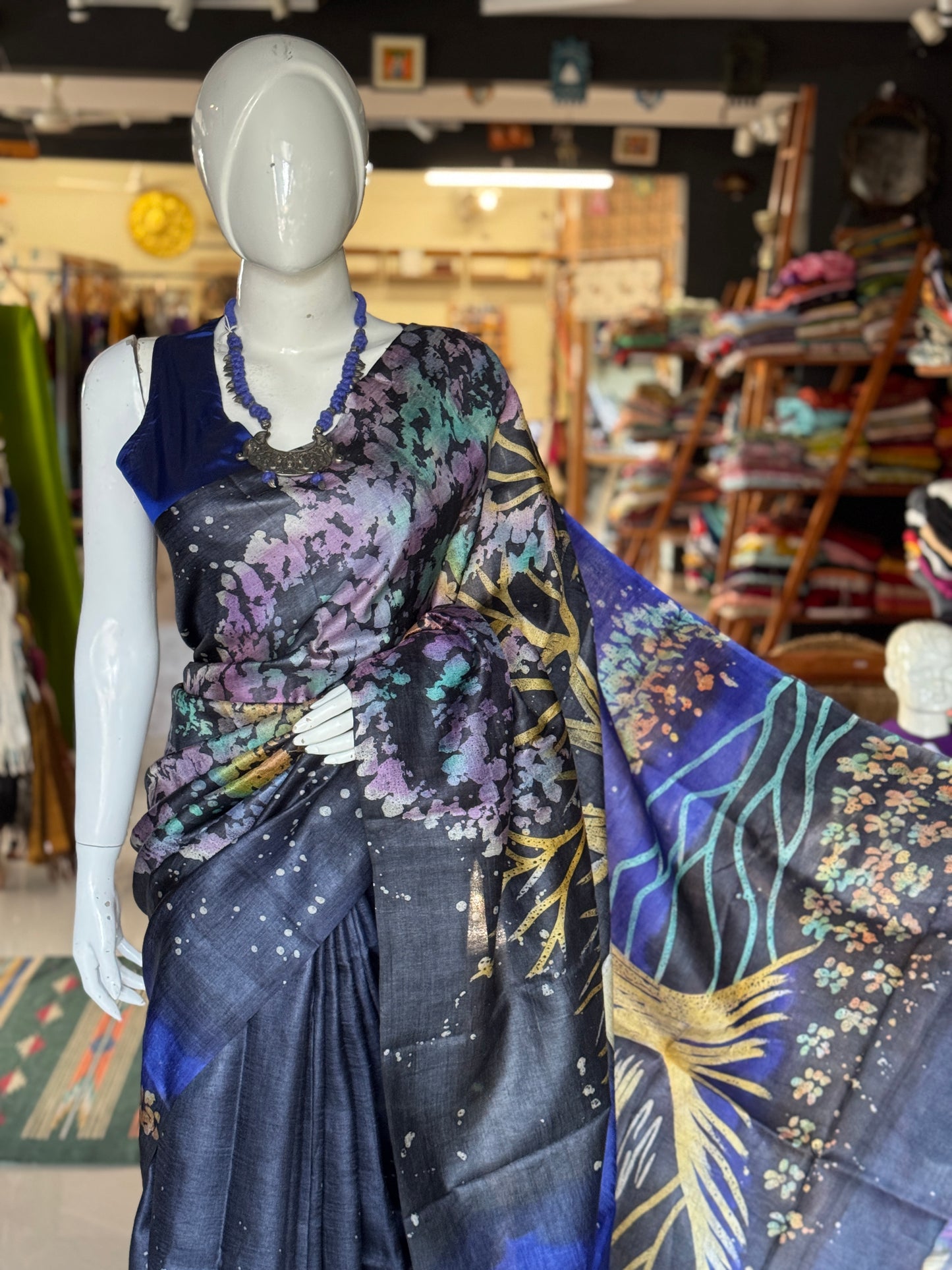 Navy Blue and Royal blue hand painted pure tussar silk saree - big tree on the palla