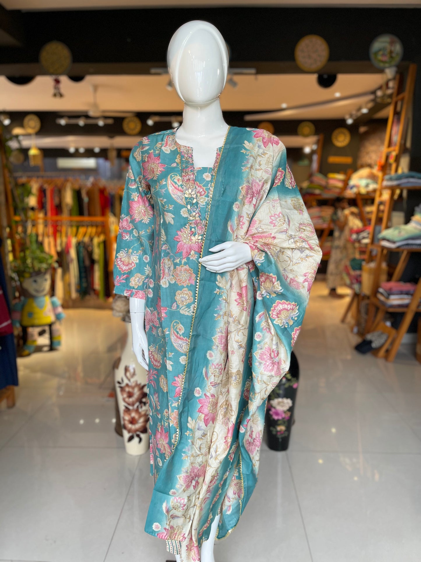 Turquoise floral modal suit set with matching straight pants and dupatta - 3 piece set