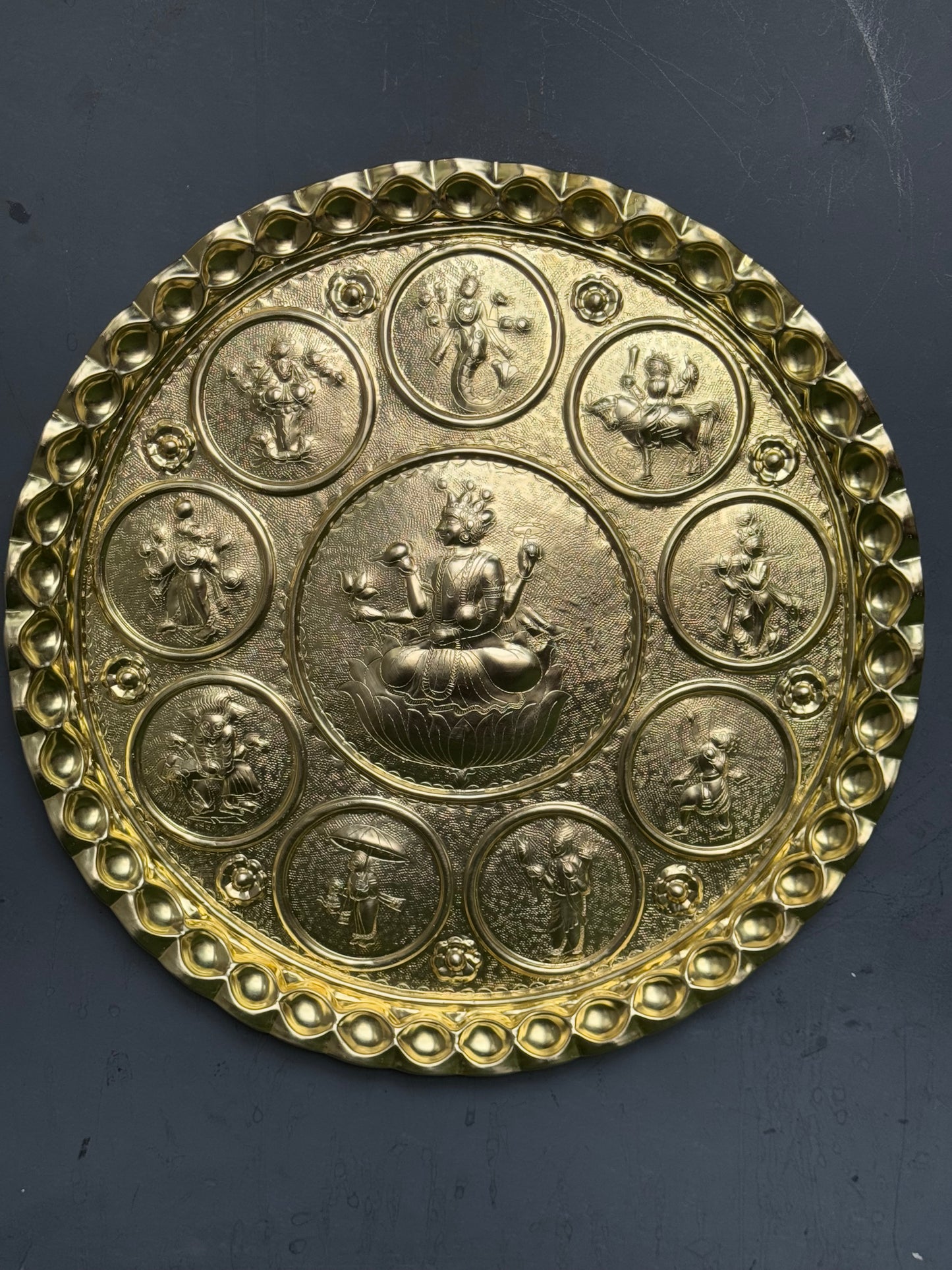 Brass handcrafted Dasavatar round wall plate - traditional embossed Chamba thaal