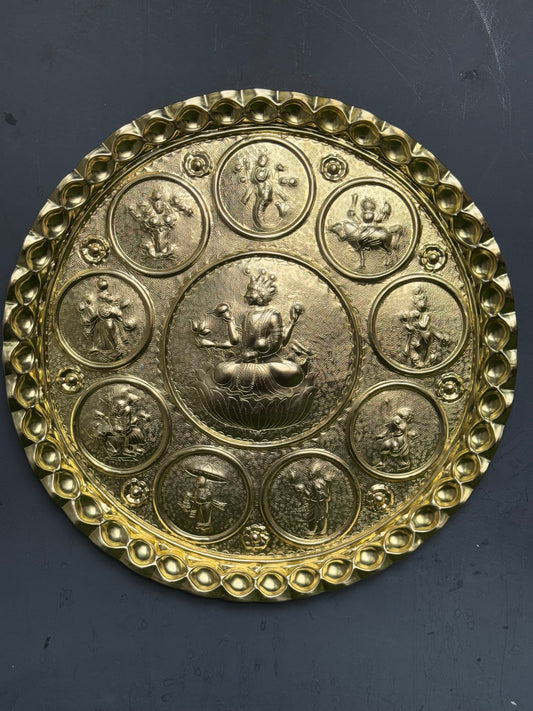 Brass handcrafted Dasavatar round wall plate - traditional embossed Chamba thaal