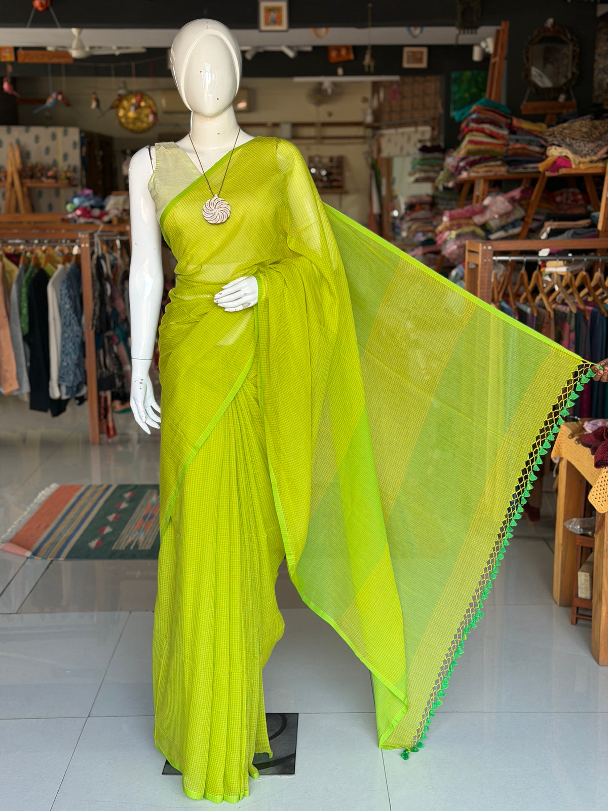 Lime n lemony yellow green soft handwoven mul cotton fine checks saree