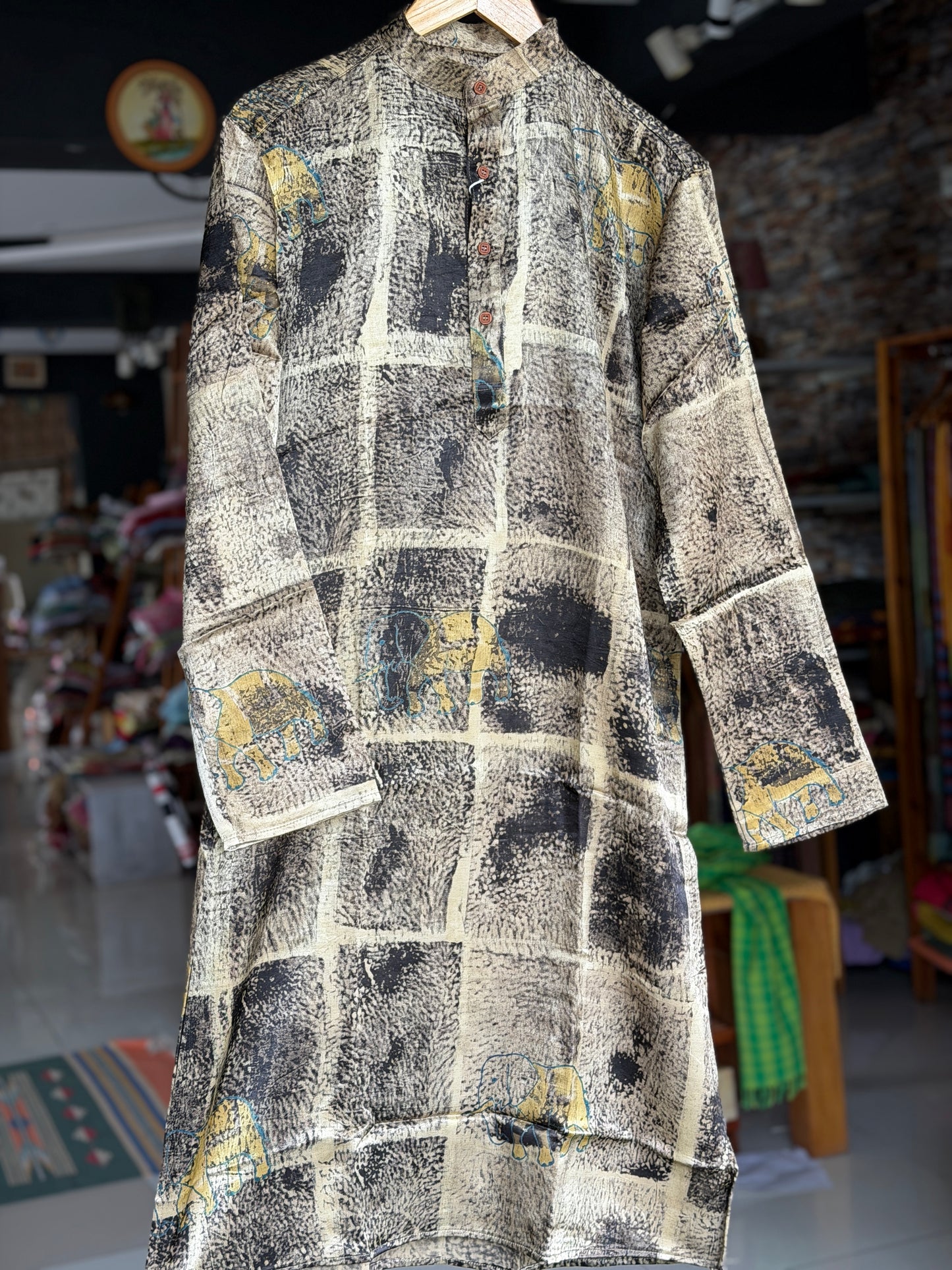 Black and beige elephants hand block printed Ajrakh mashru long kurta for men