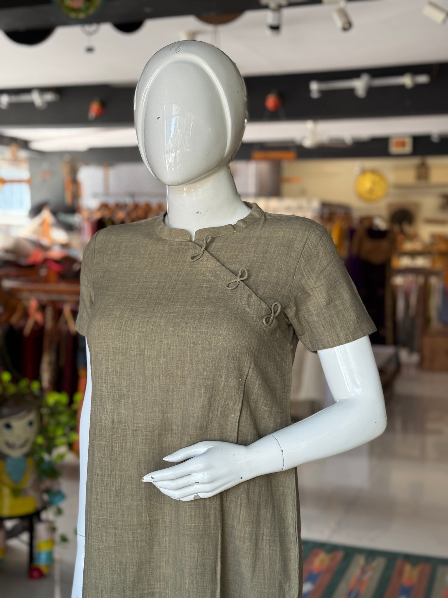 Mehendi green natural dyed , hand woven, organic cotton dress band collared dress with one side slit