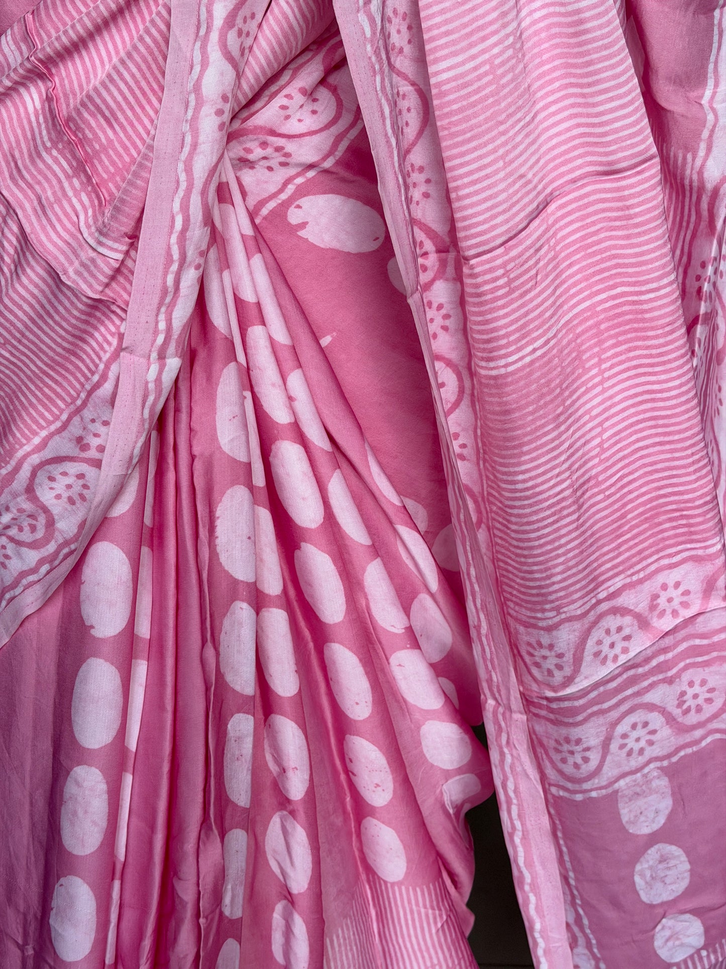 Soft pink hand batik flowy modal saree - circles and stripes