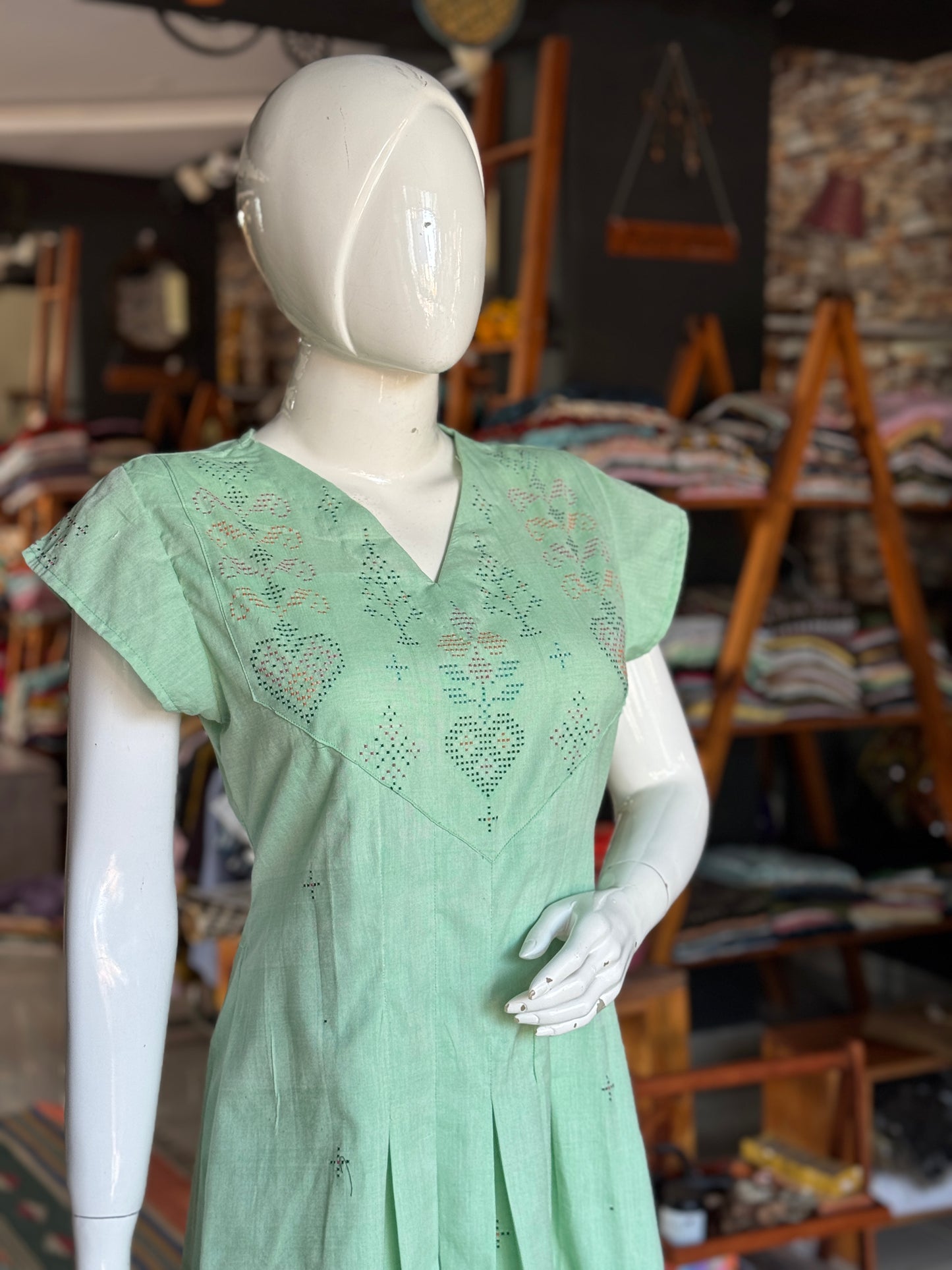 Pista green Tangaliya handwoven cotton dress with box pleats