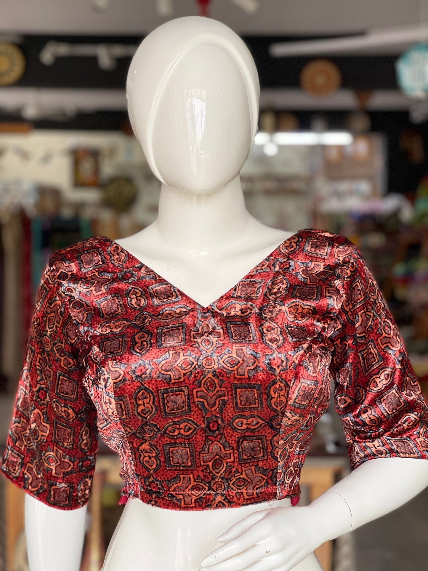 Maroon luxurious velvet blouse with hand block printed ajrakh -  V neck blouse, with elbow sleeves, back open, without pads, with liningl
