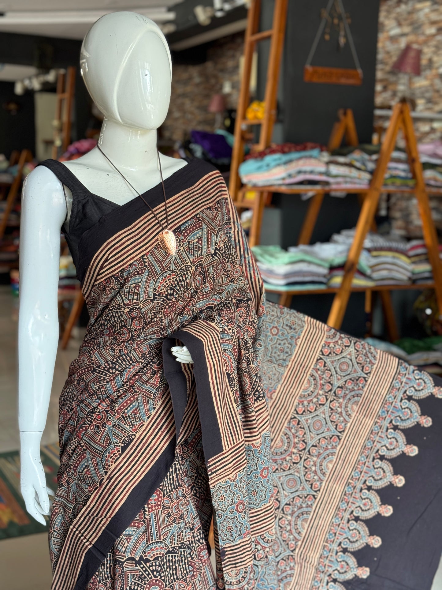 Ajrakh hand block printed 60s cotton saree - design options available