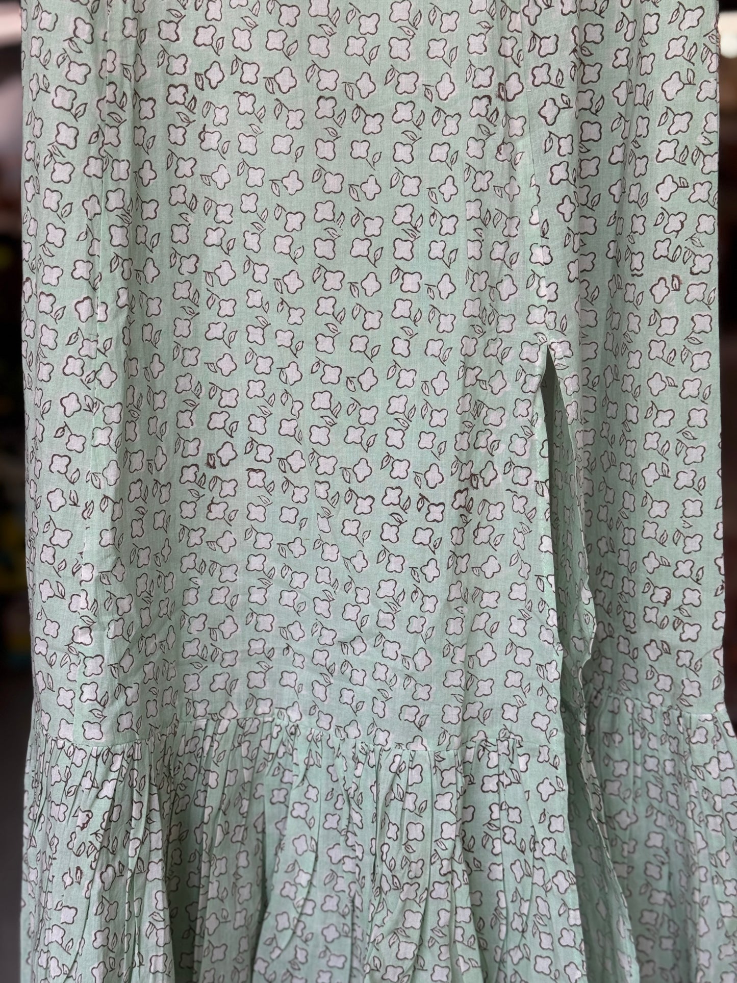 Mint green hand block printed square neck dress with front slit and frill hemline