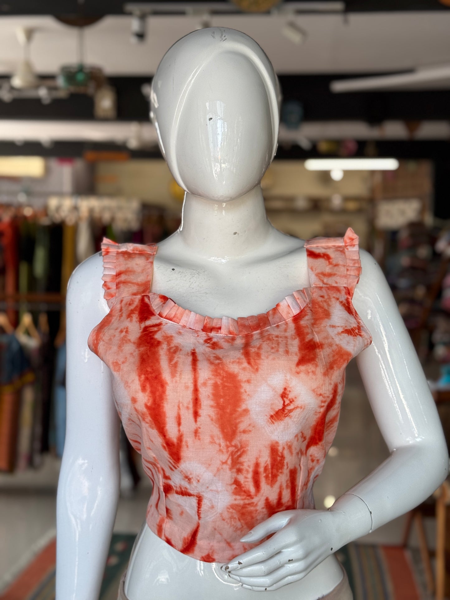 Orange tie n dye cotton back open sleeveless fancy blouse