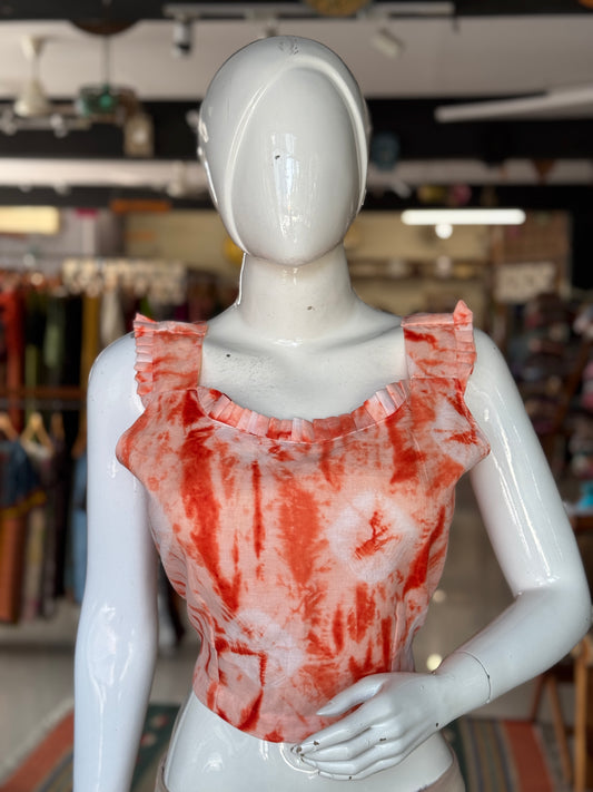 Orange tie n dye cotton back open sleeveless fancy blouse