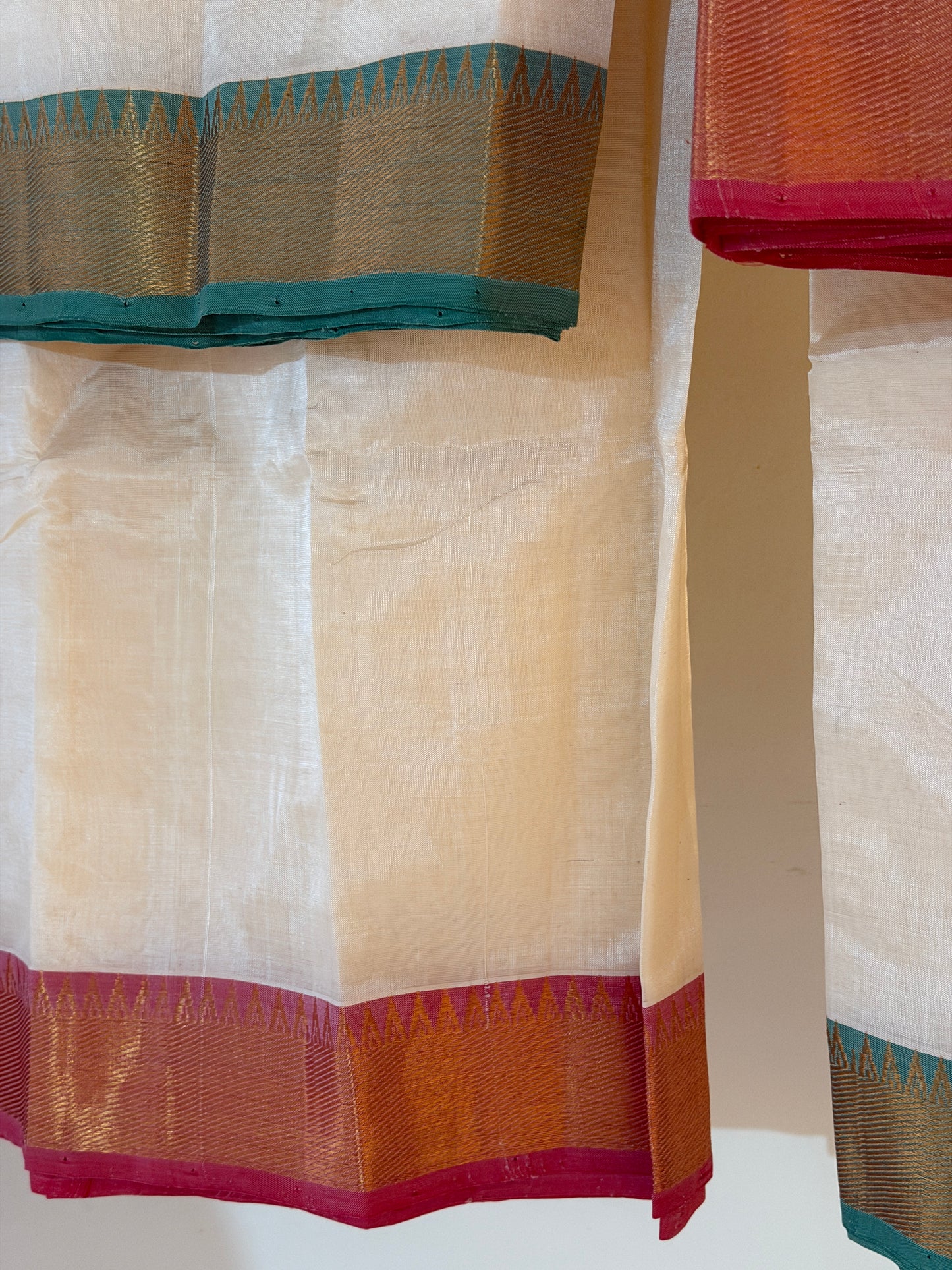 Cream dhoti set with red and green zari borders for men - Mangalagiri Handloom silk cotton pancha kanduva set
