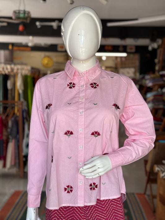 Pink embroidered flex cotton shirt for women
