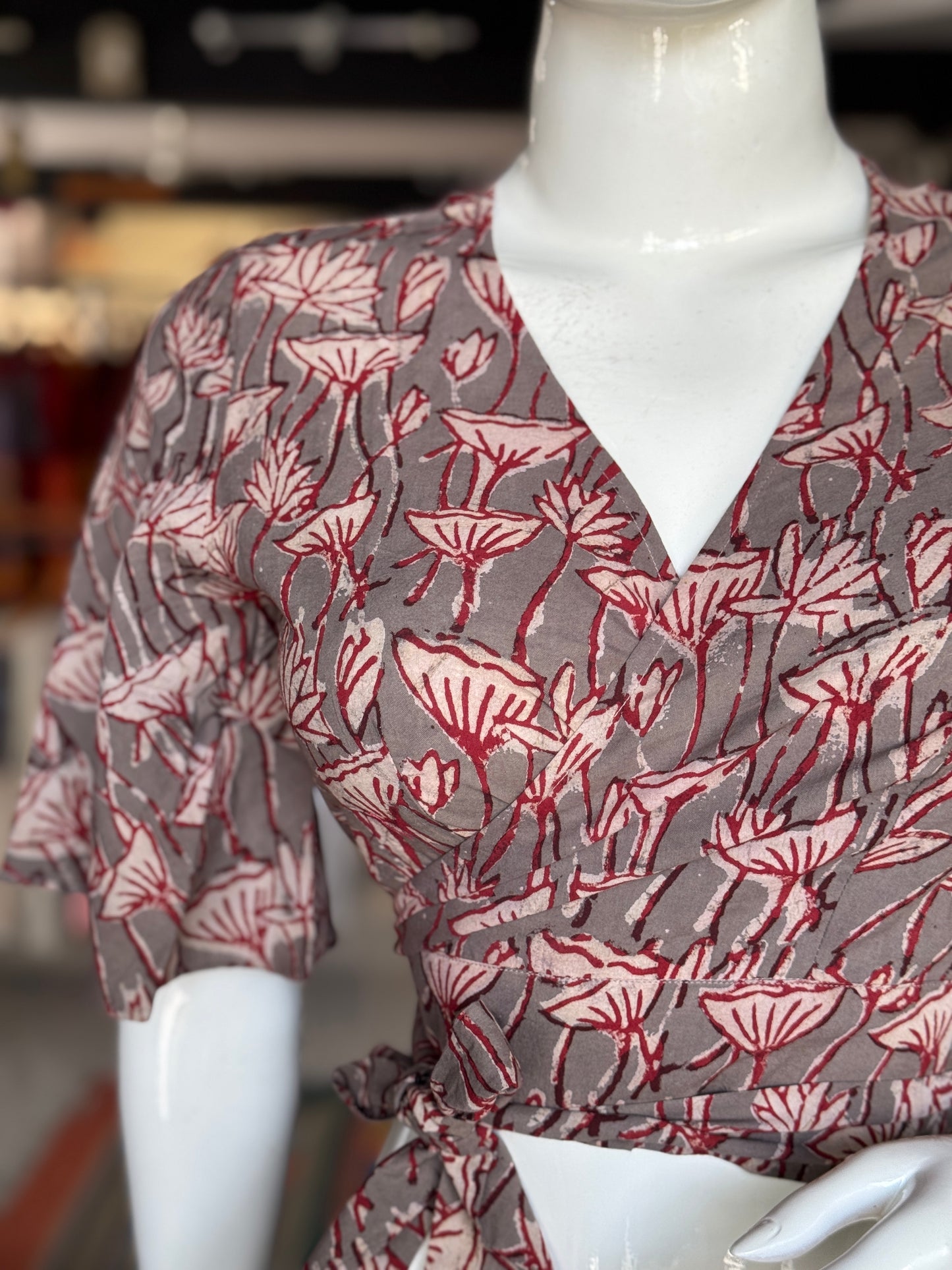 Wrap style free size cotton crop top blouse in natural dyed, hand block printed cotton