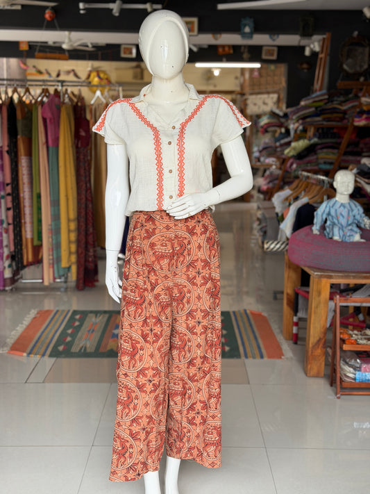 Rust orange deer hand block printed cotton barrel pants