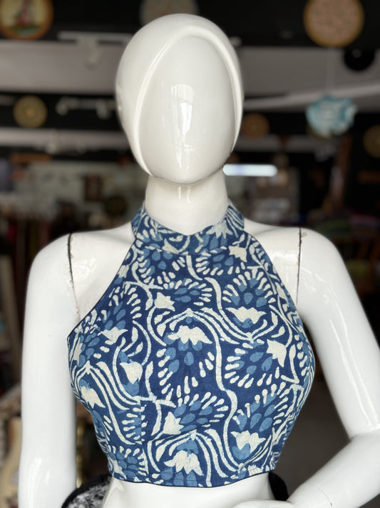 Indigo handblock printed cotton halter neck blouse