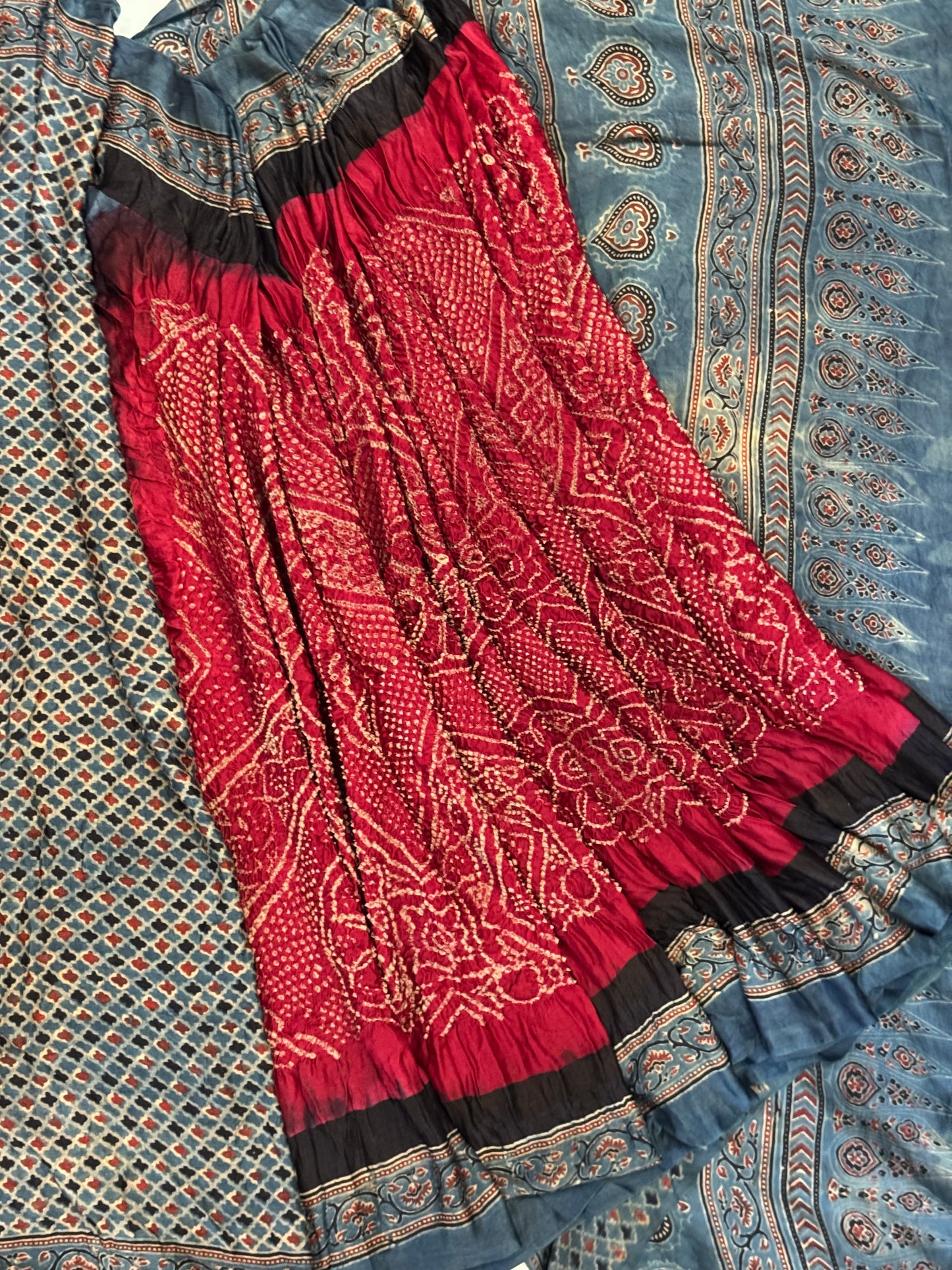 Bandini, Ajrakh silk saree - natural dyed, hand block printed Ajrakh paired with with fine Bandini on soft Gajji silk