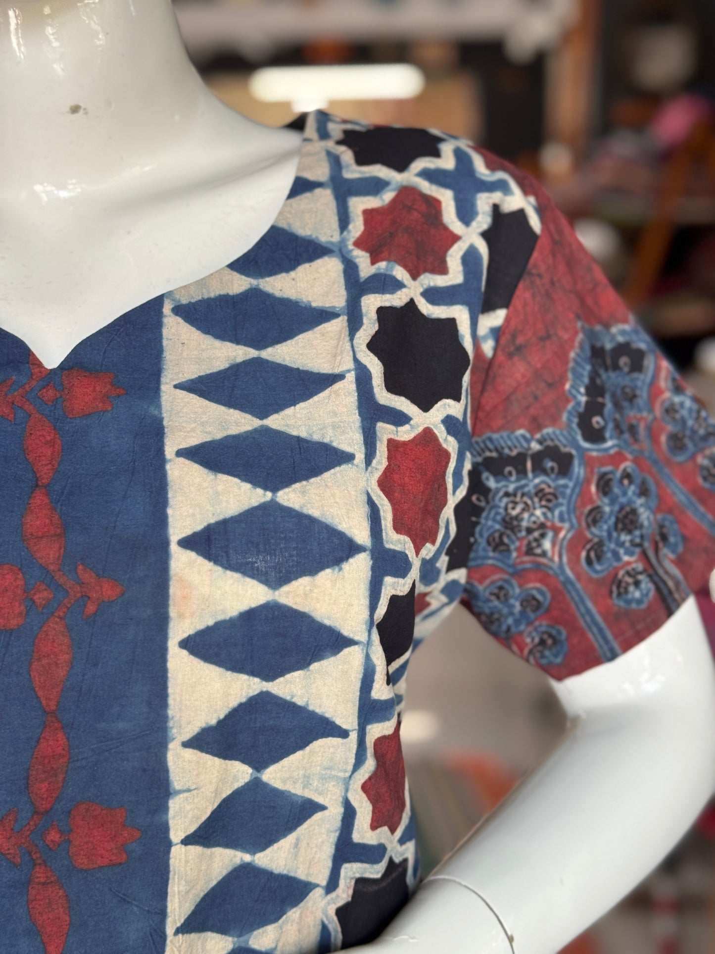 Indigo and maroon Ajrakh hand block printed cotton straight kurti