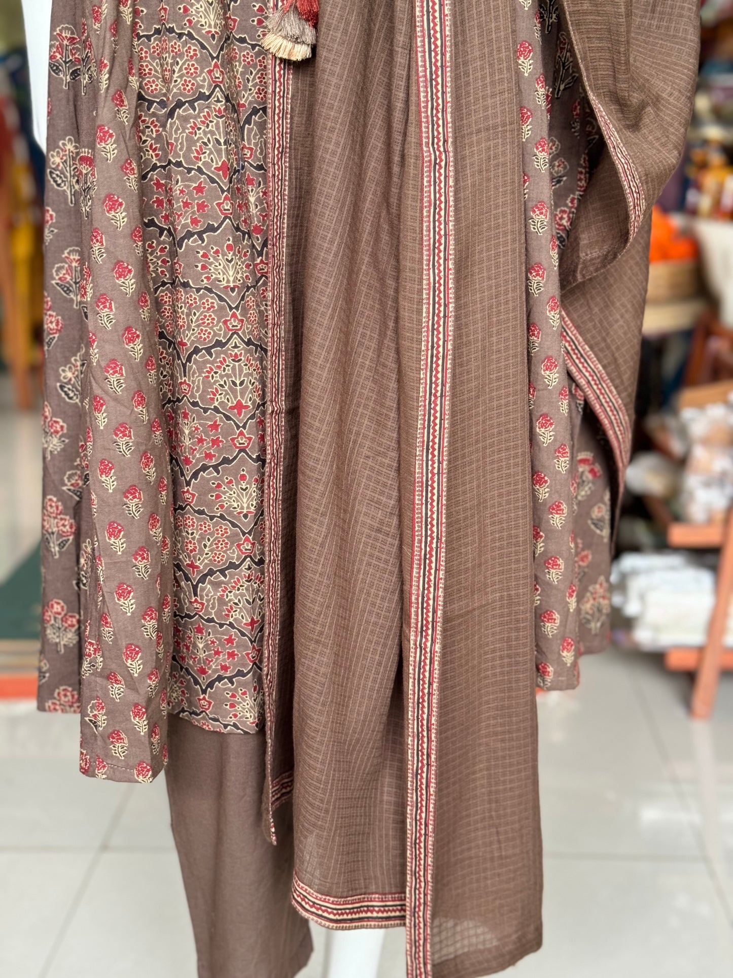 Brown cotton multiple print A-line Kurti, pants and dupatta - 3 piece set