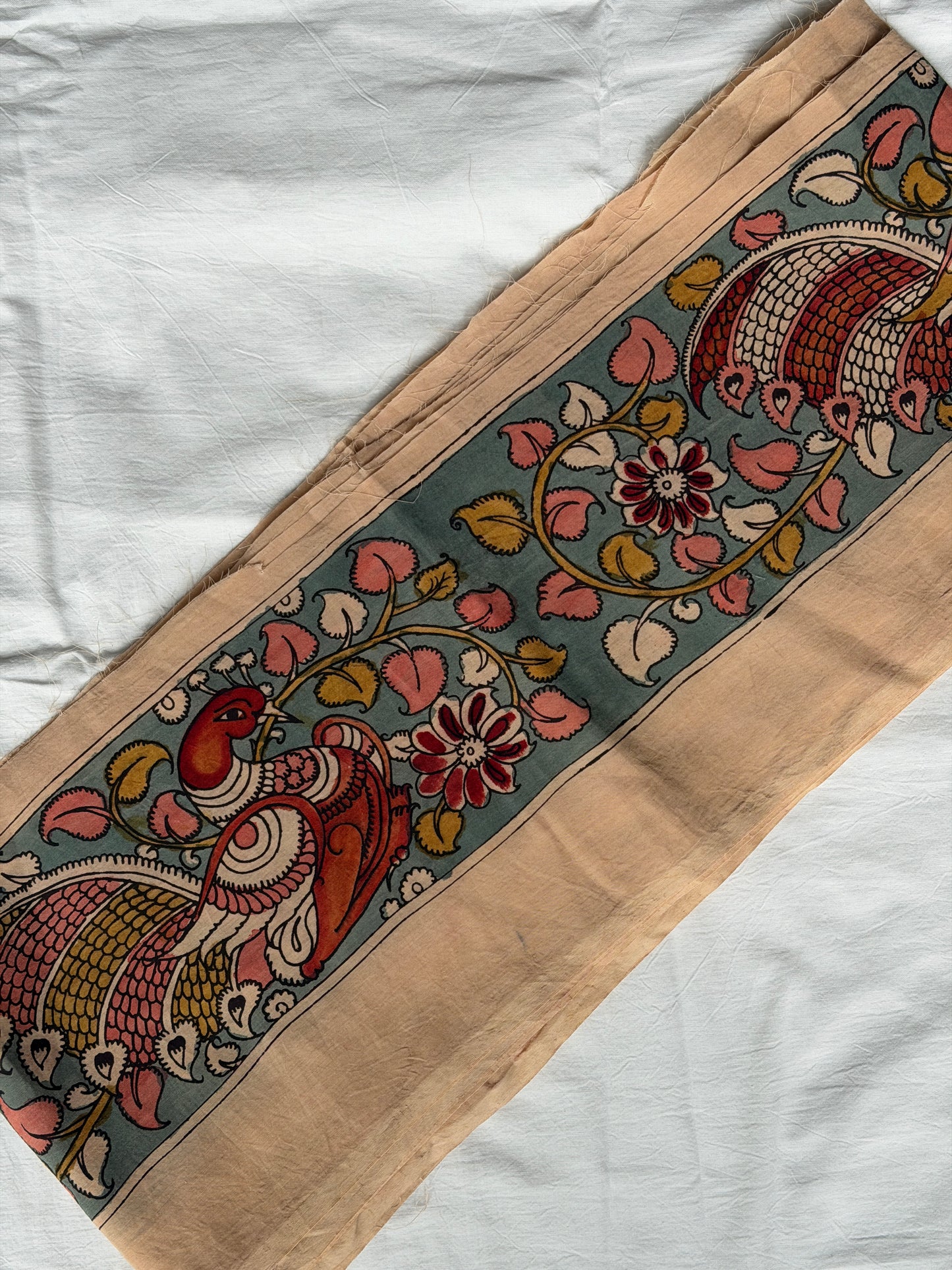 Blue Silk pen Kalamkari hand painted border with peacocks and flowers design