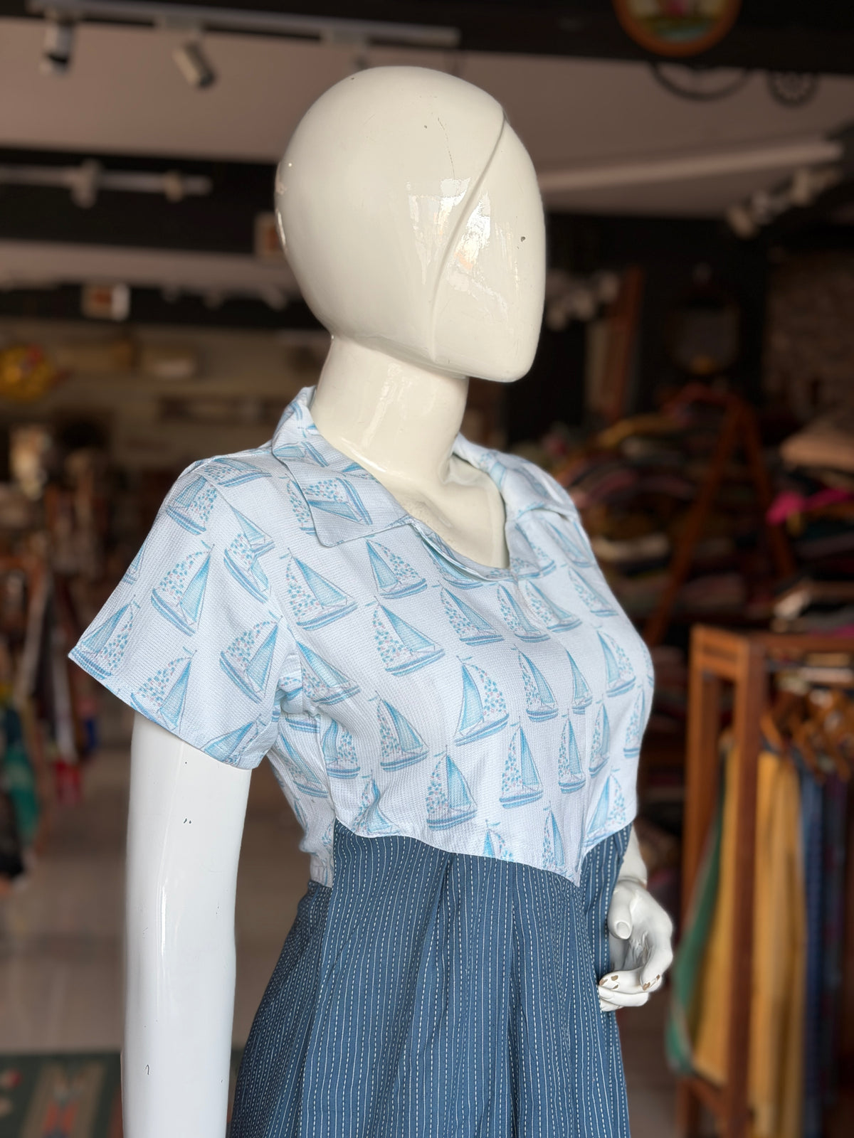 White boats print handloom cotton shirt style yoke with Kantha cotton flare