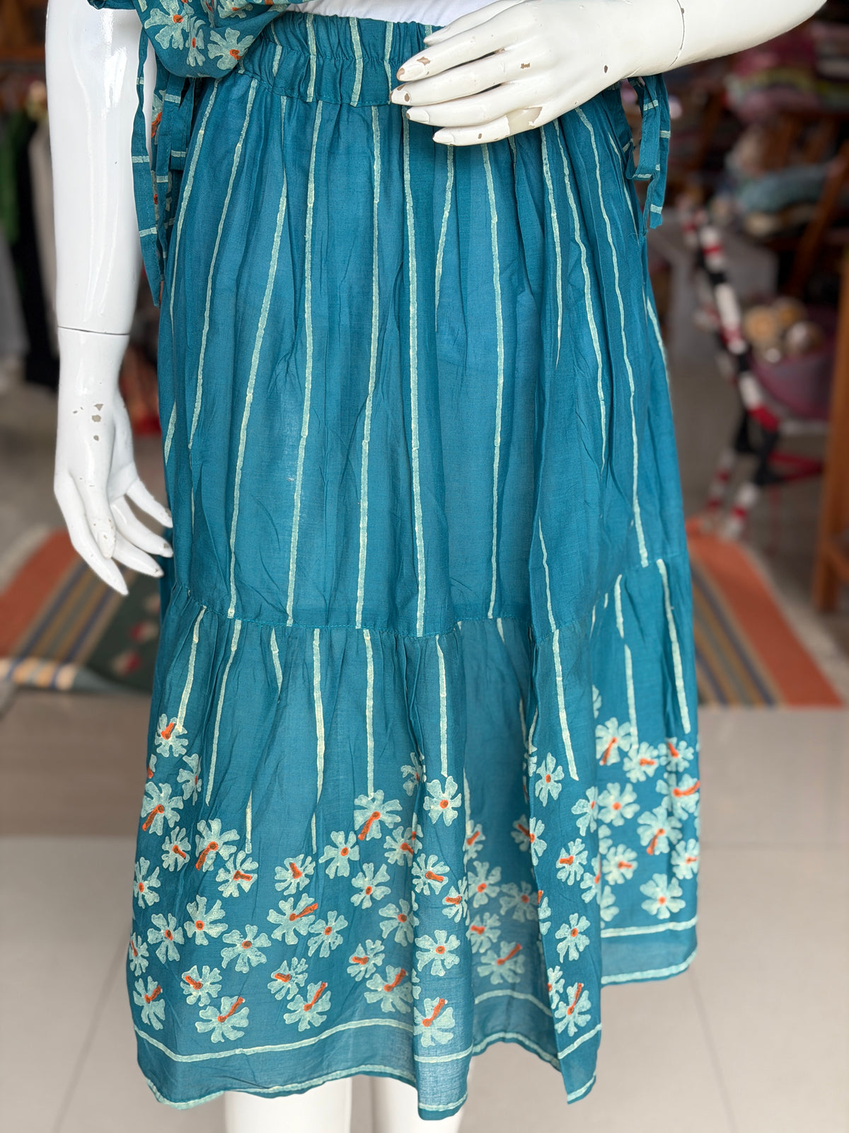 Teal Parijat hand block printed cotton skirt - free size