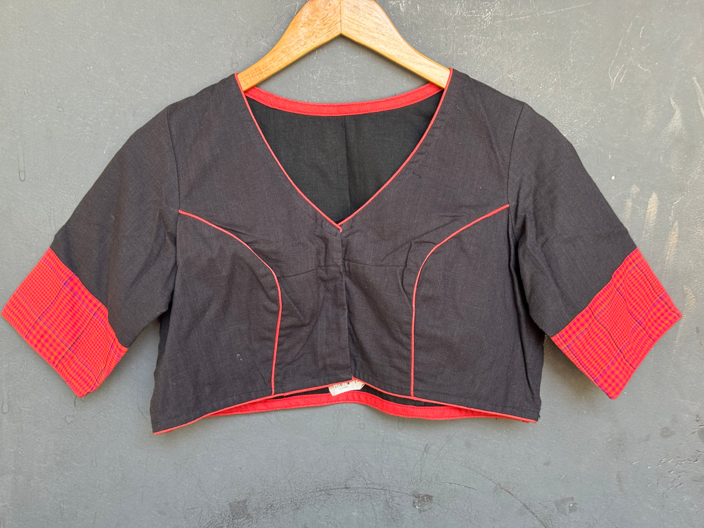 Black cotton blouse with kantha circles embroidery