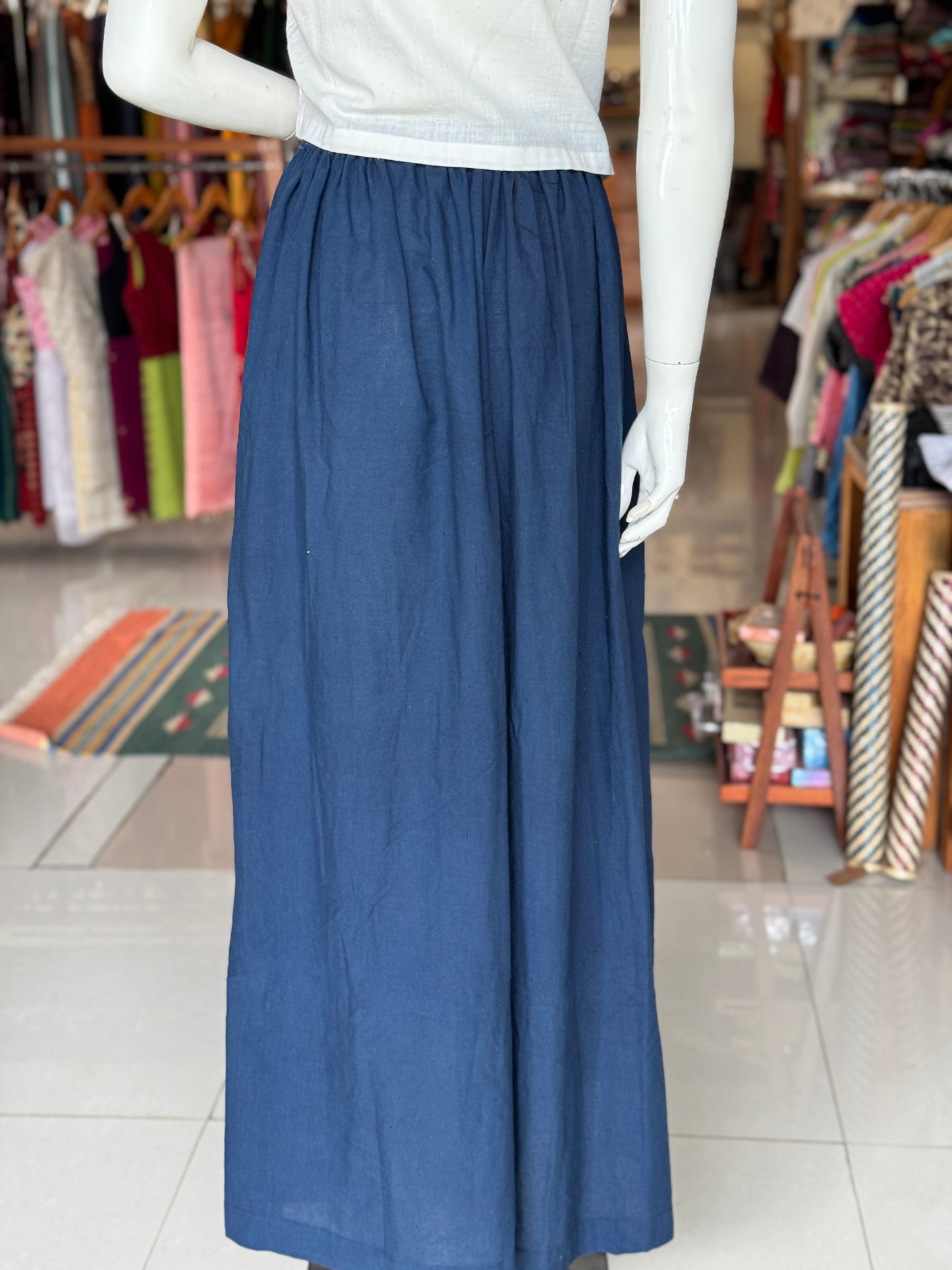 Placement bandini cotton blue flared pants with hand tie n dye tree design - free size