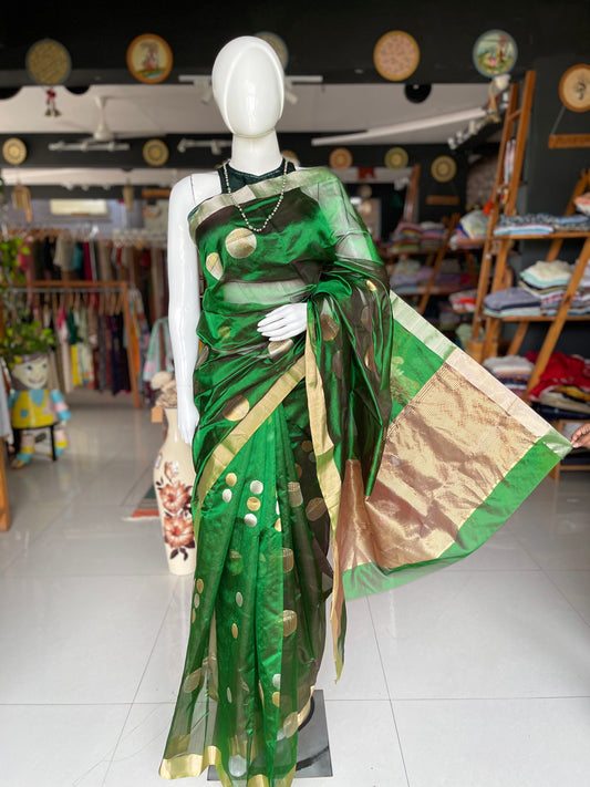 Green Chanderi silk handwoven saree with gold and silver ball butis