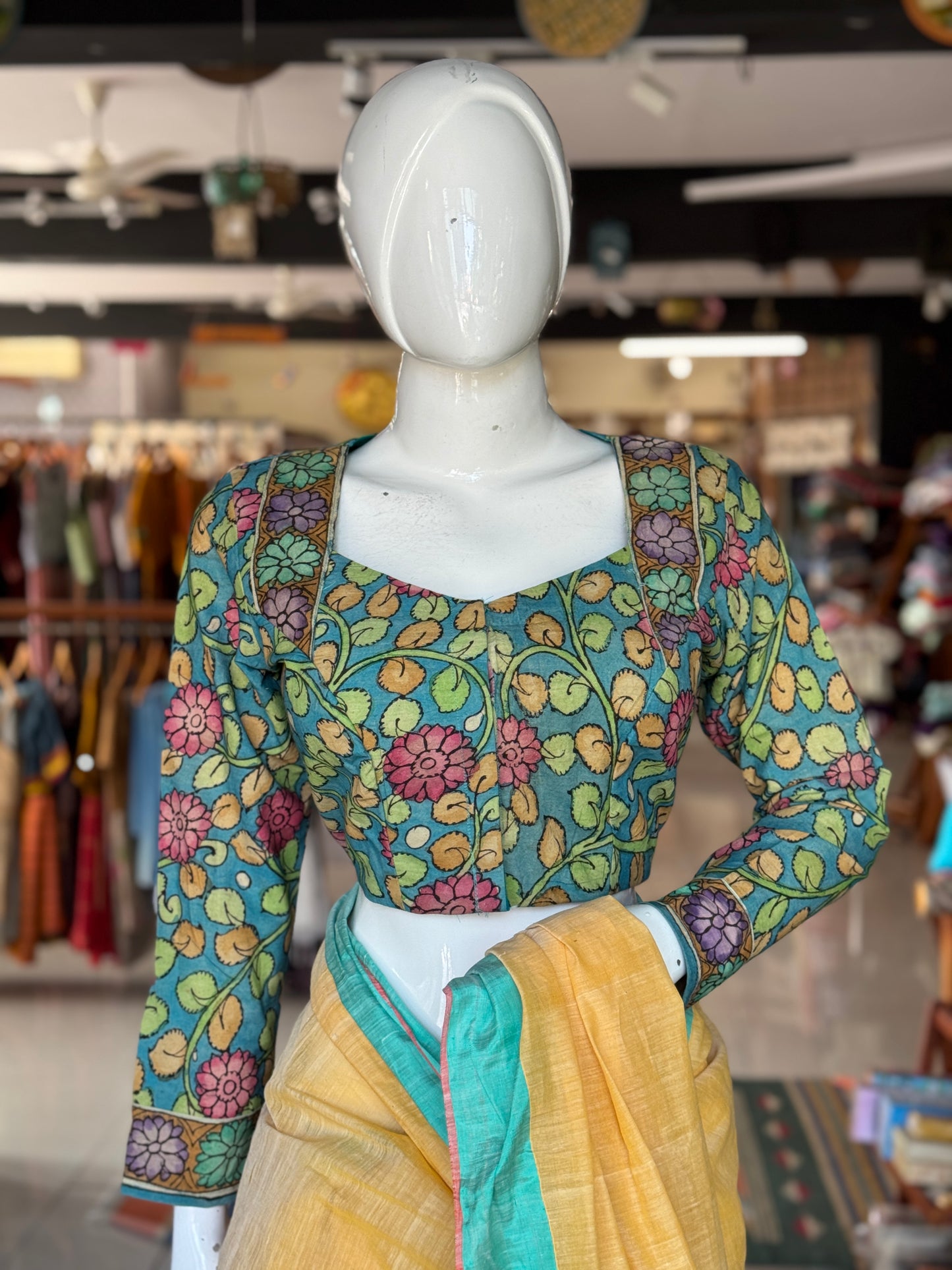 Blue Pen kalamkari hand painted cotton blouse with long sleeves