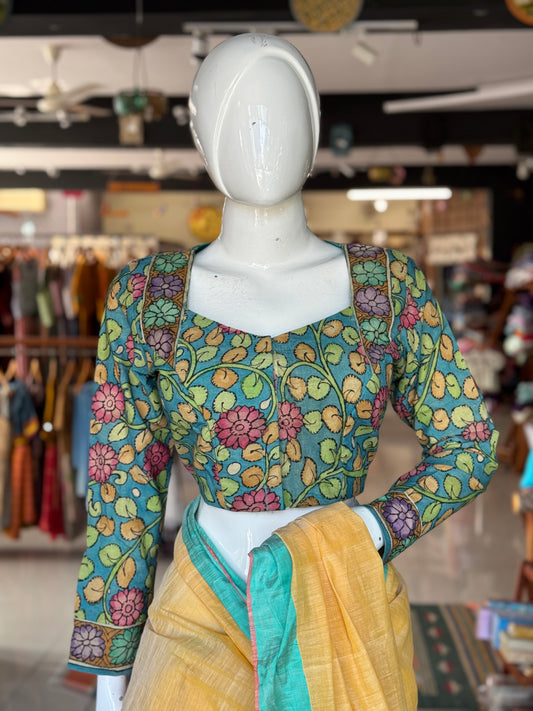 Blue Pen kalamkari hand painted cotton blouse with long sleeves