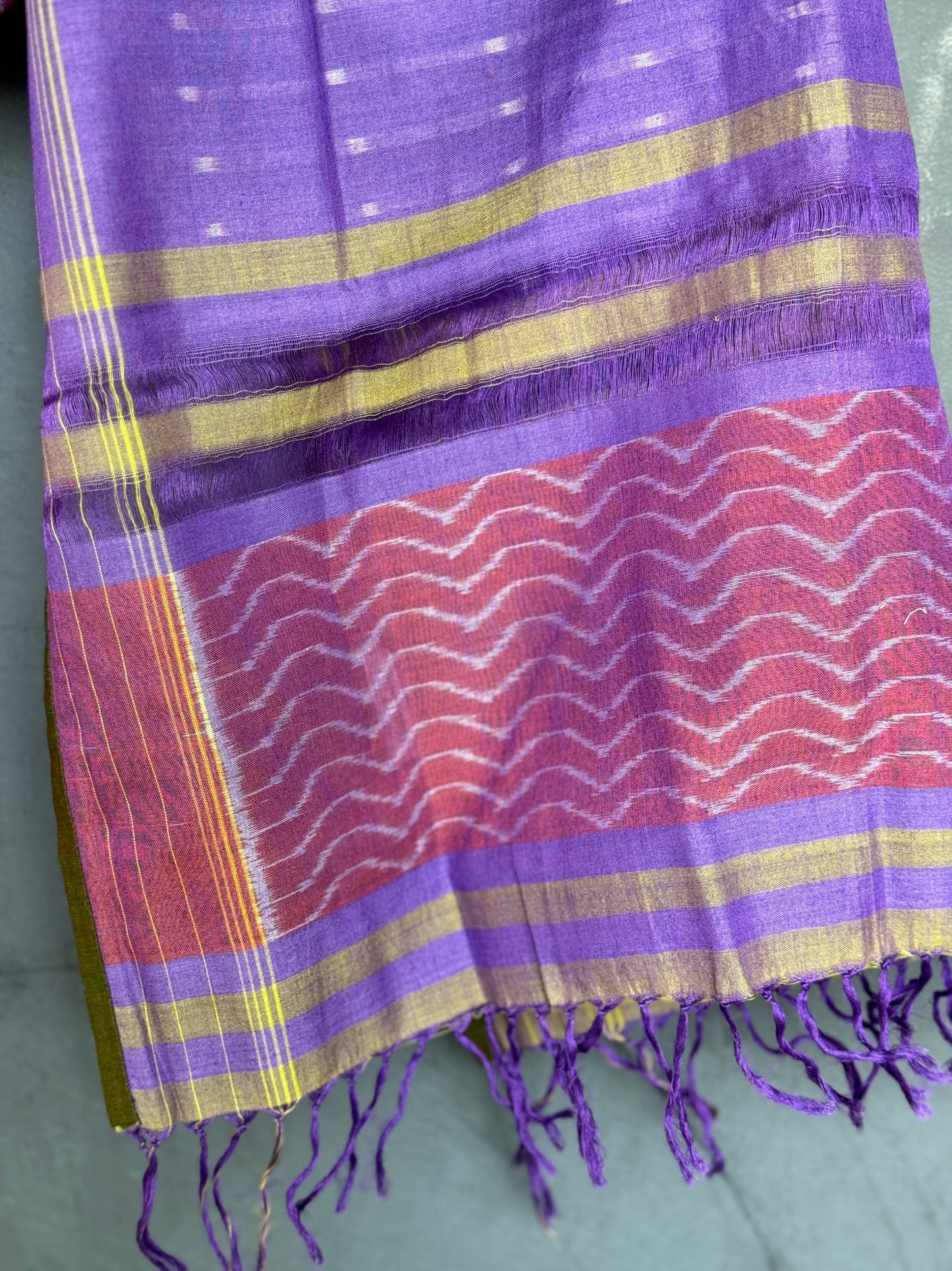 Lavender and red dots and waves cotton handloom ikat stole