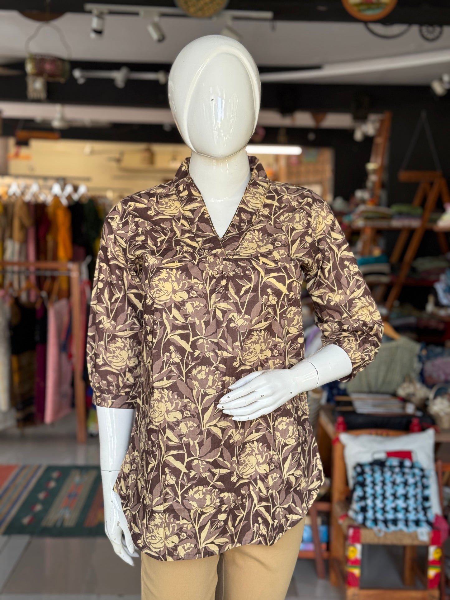 Cotton floral print short top with handwork detailing around neck