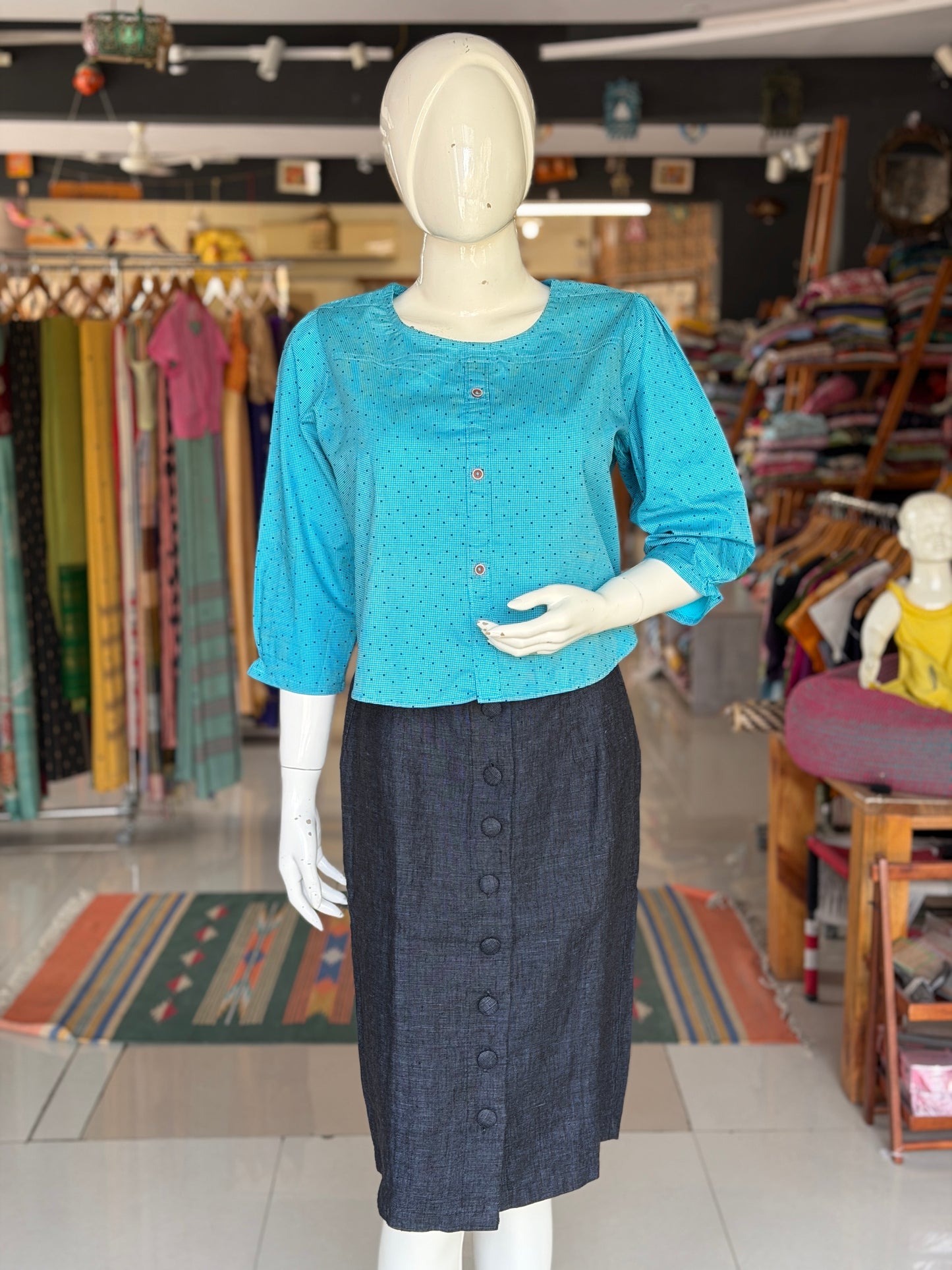 Blue dots print cotton top with front button detailing