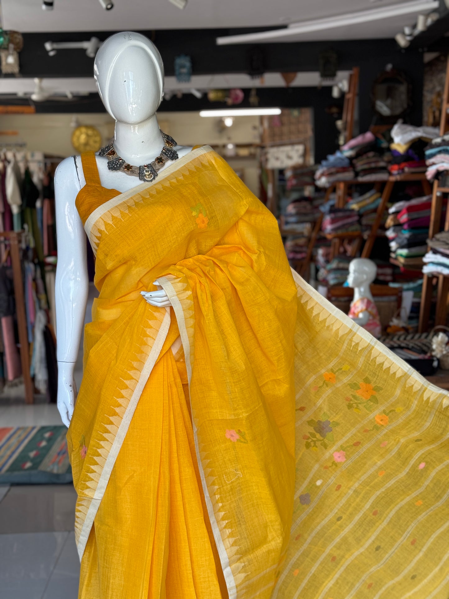 Auspicious yellow cotton handwoven Manipuri Moirangphi saree