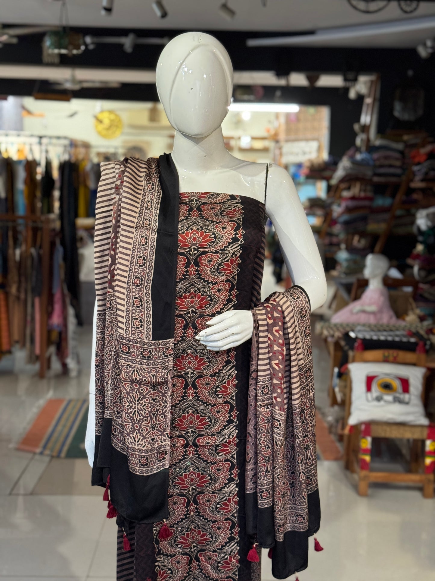 Modal 2 piece unstitched set - kurti n dupatta in natural dyed Ajrakh hand block prints