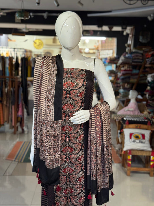 Modal 2 piece unstitched set - kurti n dupatta in natural dyed Ajrakh hand block prints