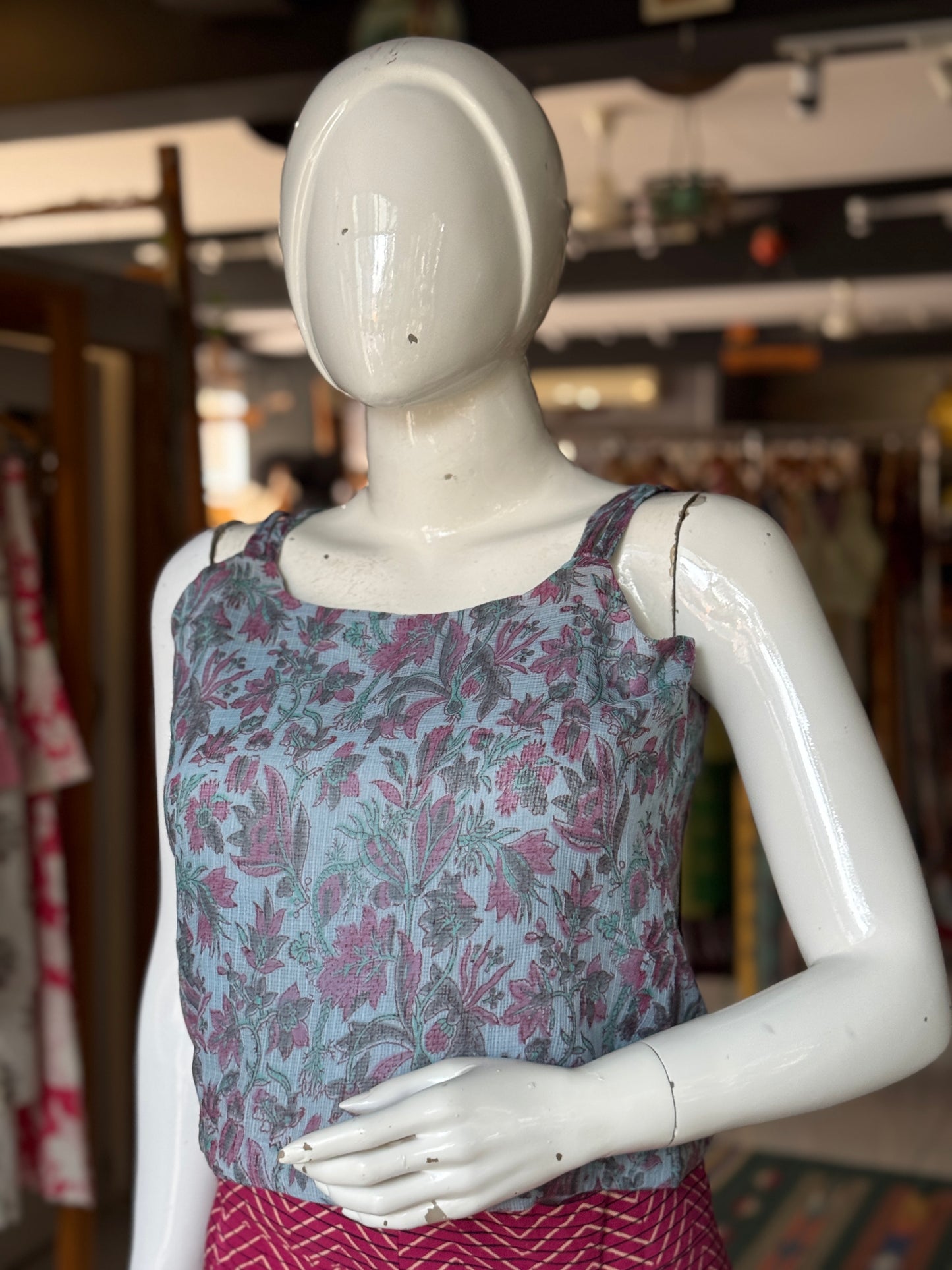 Pastel blue floral hand block printed light and soft kota doria cotton crop top with braided straps
