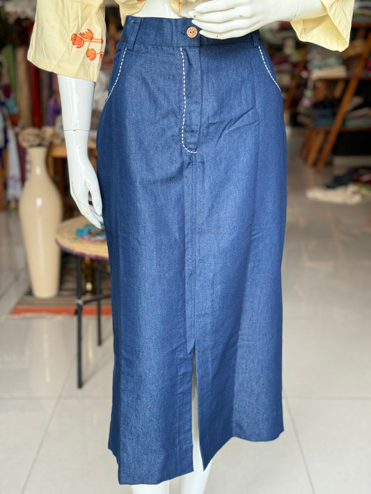 Blue denim skirt with hand stitch detailing