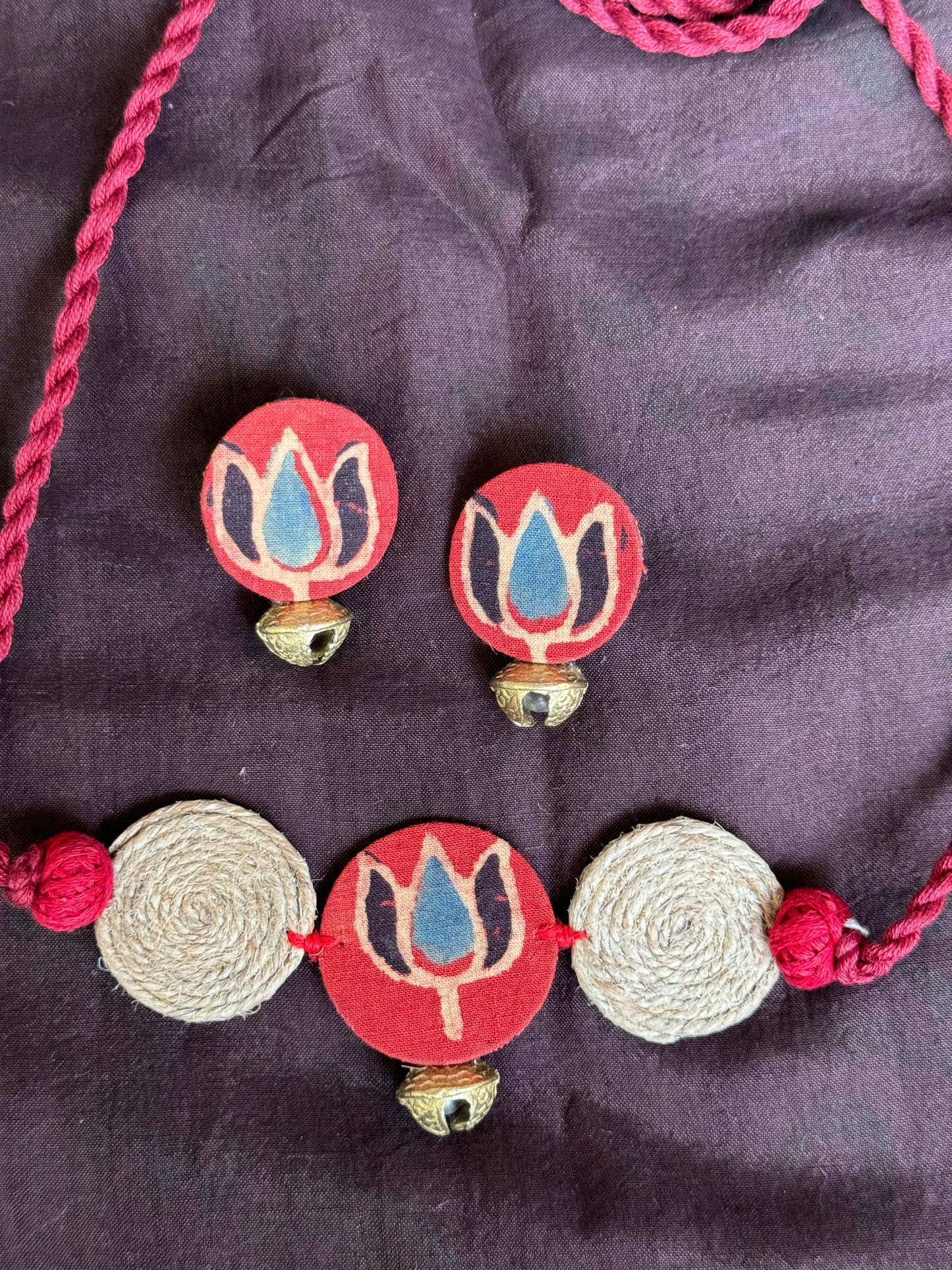 Hand block printed cotton fabric and oxidised silver handcrafted choker neckpiece and earrings set