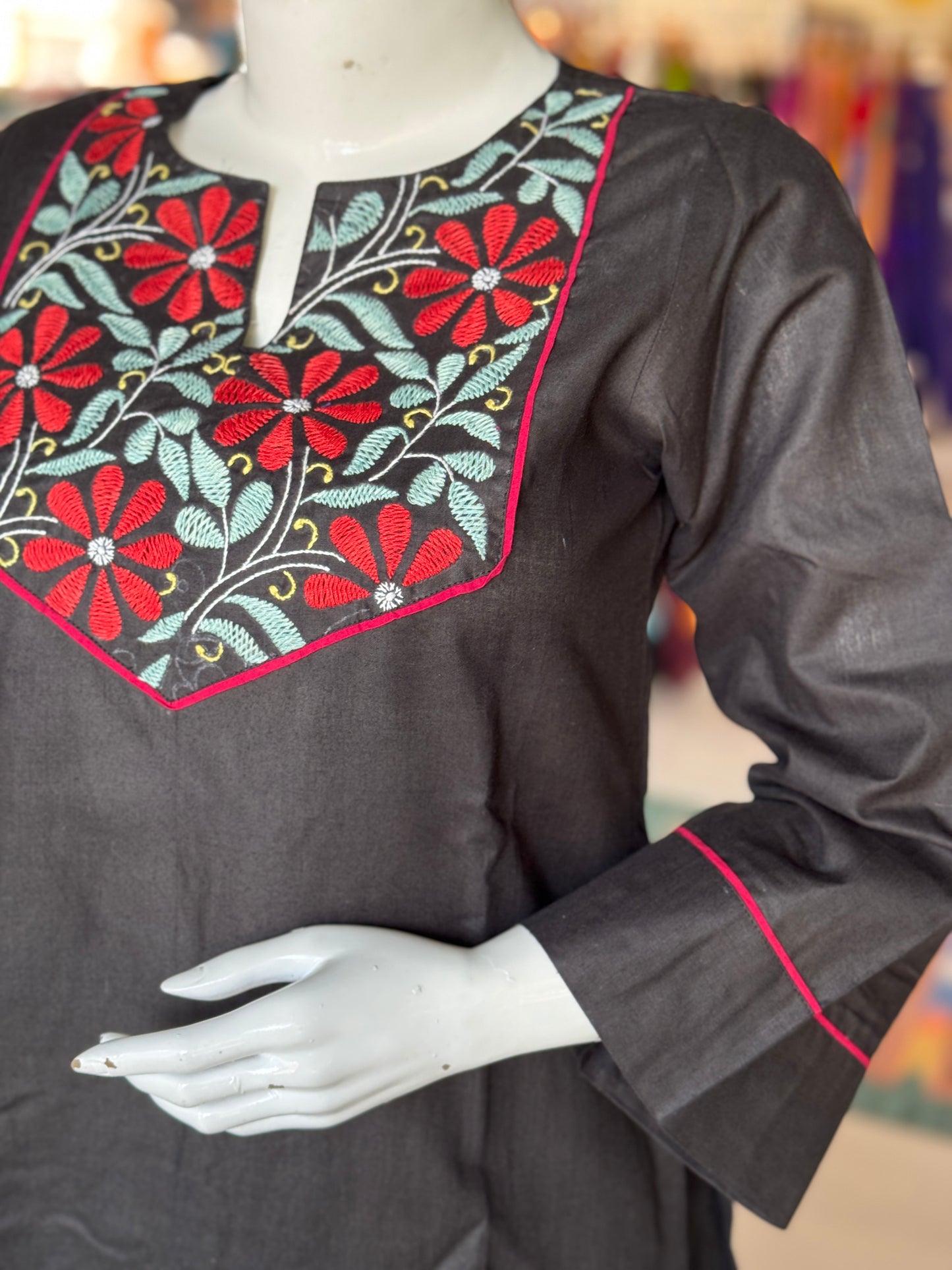 Black hand embroidered cotton kurta n pants - 2 piece coord set