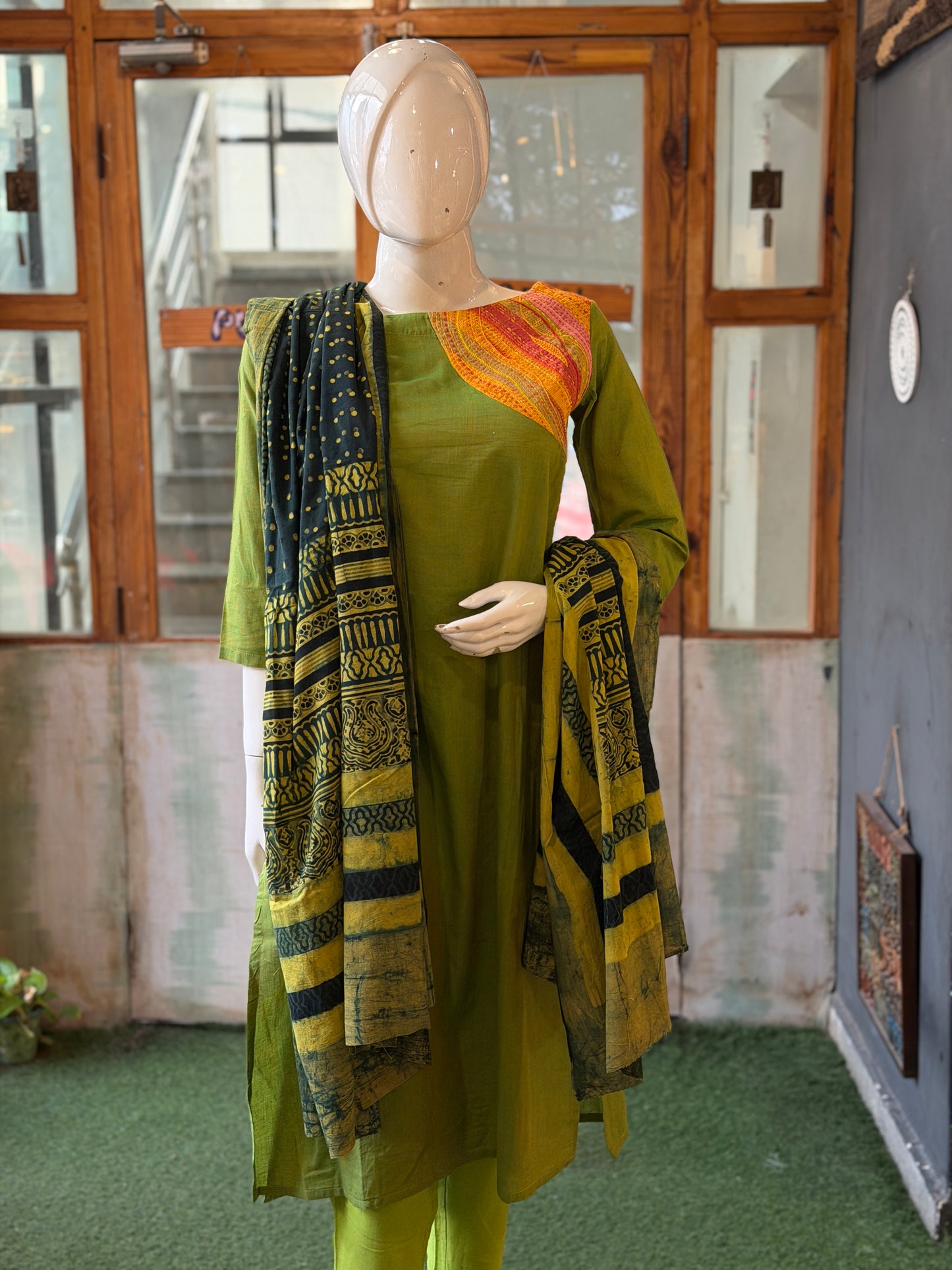 Green and yellow Ajrakh hand block printed cotton dupatta