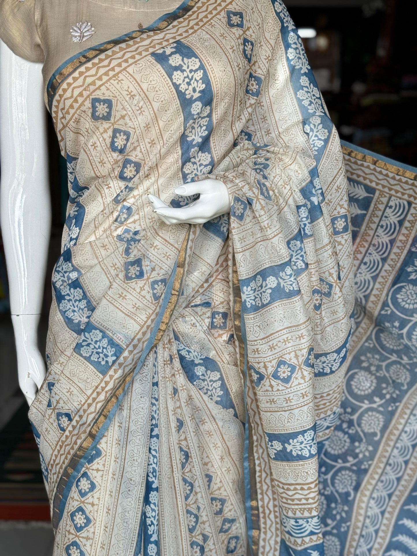 Off White and blue stripes hand block print Chanderi silk cotton saree