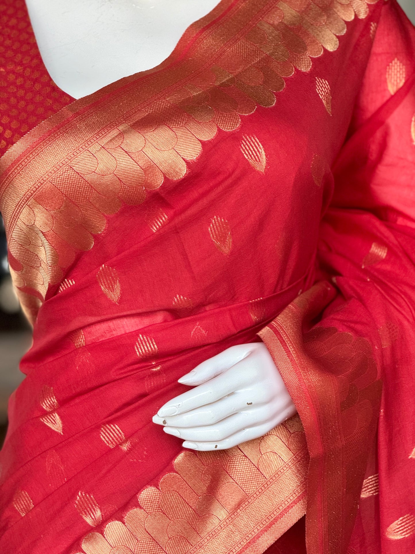 Red Banarasi cotton saree with grand look