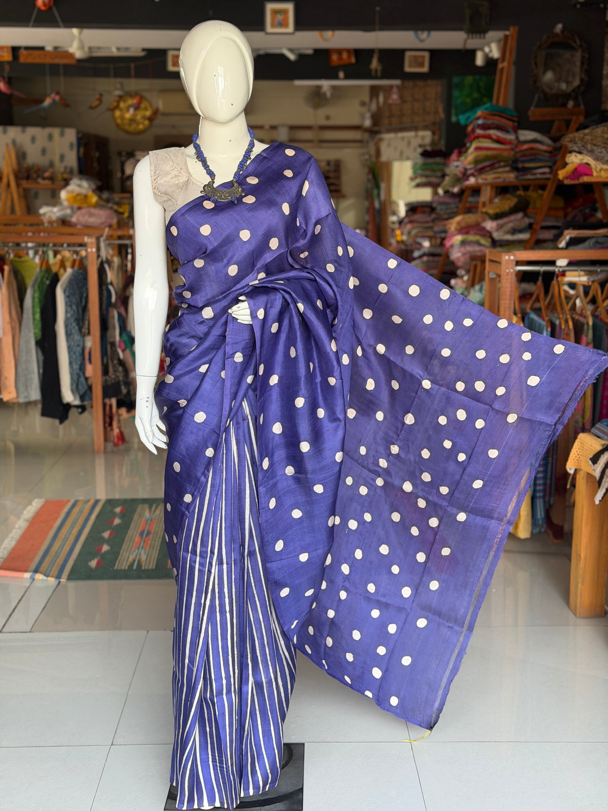 Blue dots and stripes hand painted, hand batik soft 3 ply Murshidabad silk saree