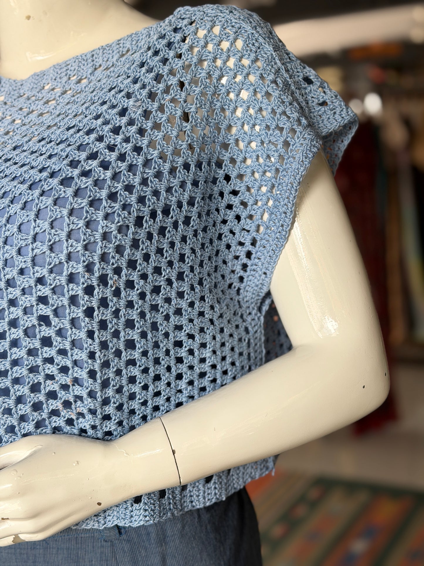 Blue hand crocheted cotton top - free size