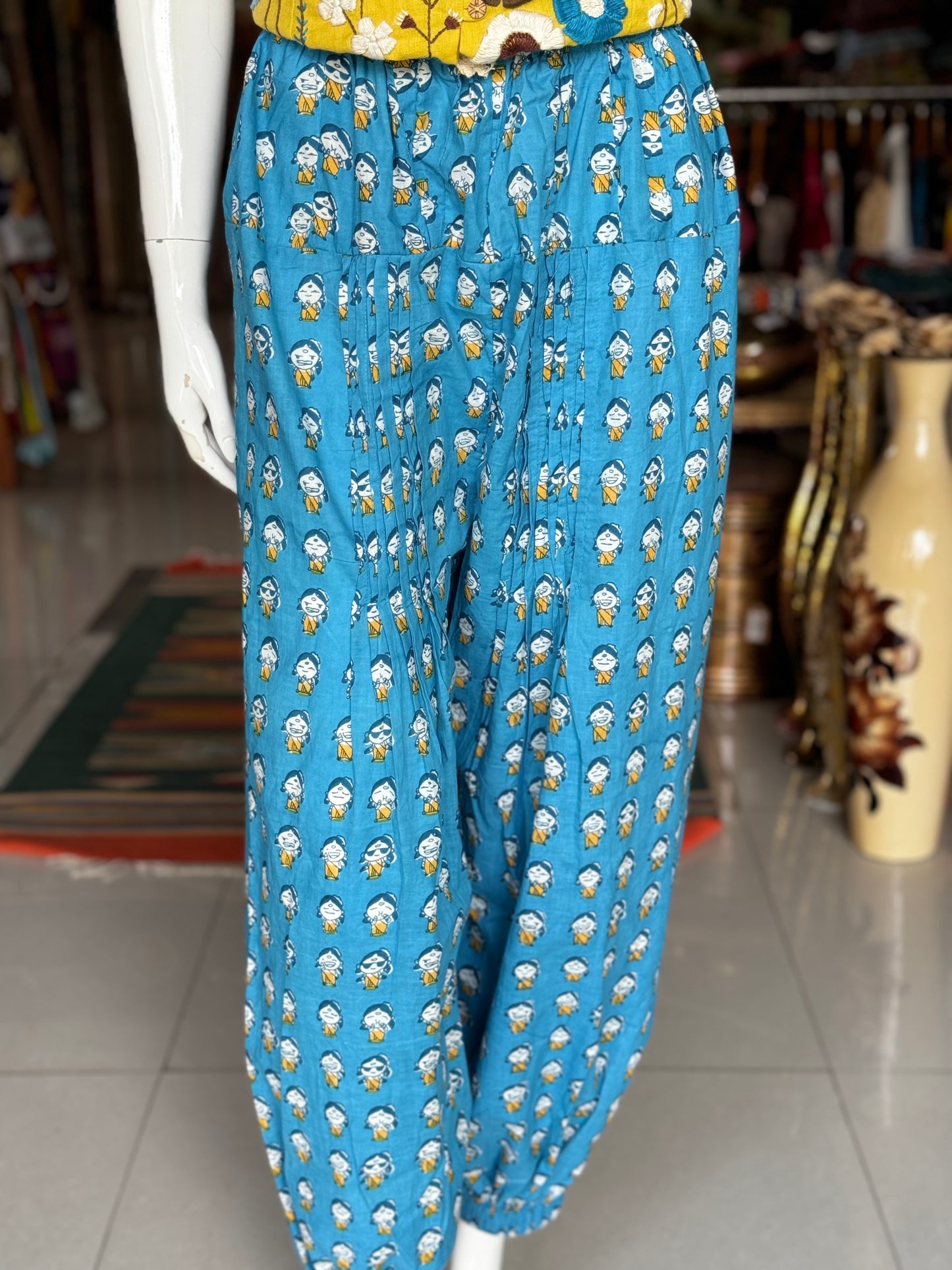 Quirky expressions of a saree clad lady - cotton free sized harem style pleated pants