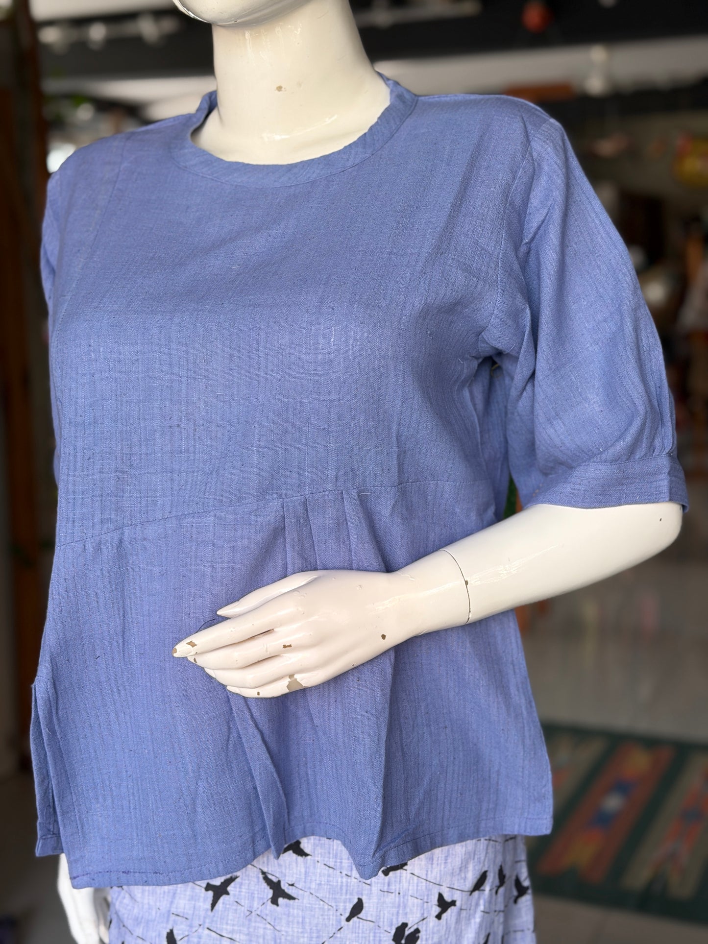 Lavender cotton top with asymmetric waist pleats - hand spun, hand woven fabric with missing thread stripes weave