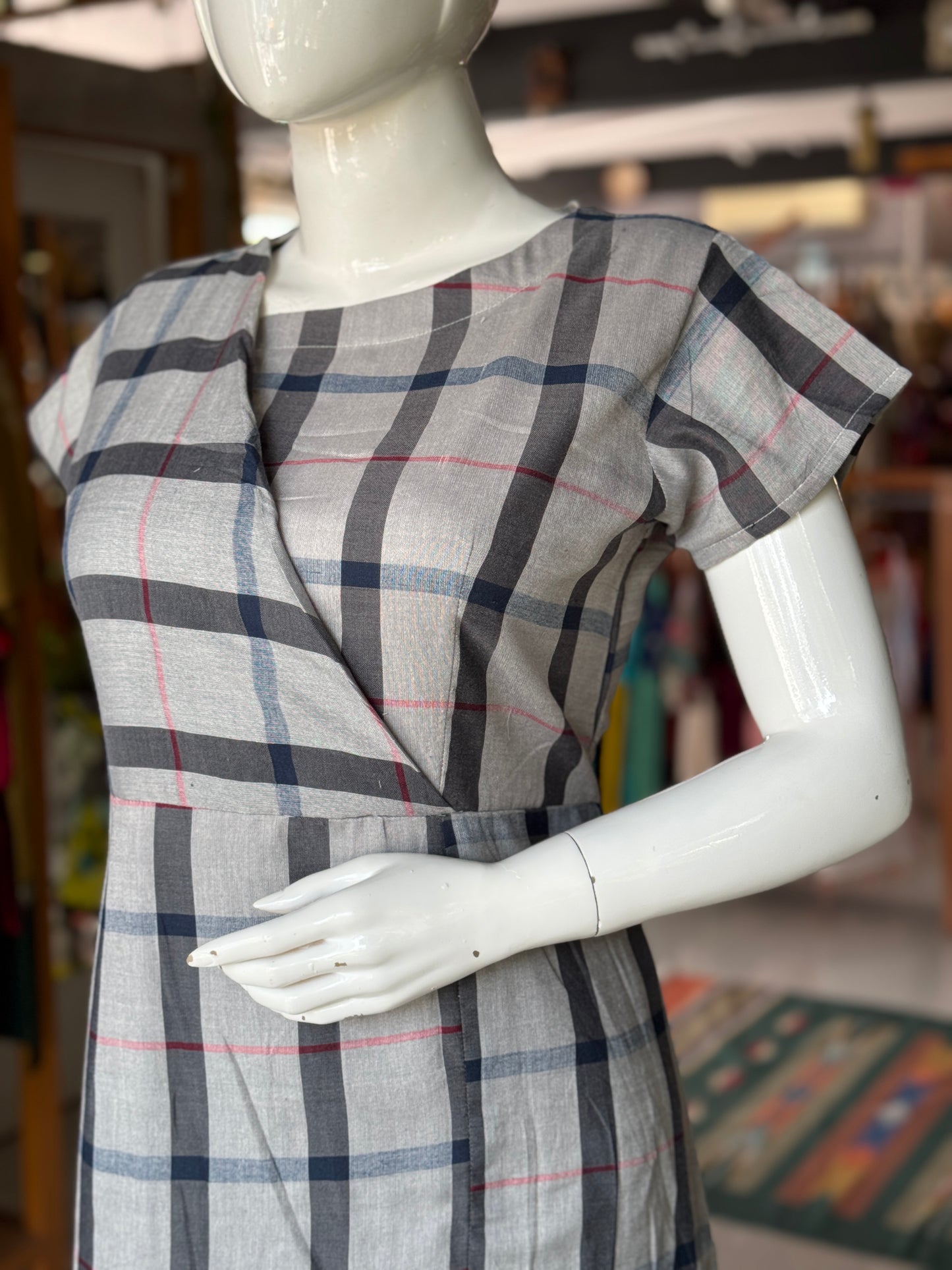 Grey black and red checks soft pure cotton handwoven dress
