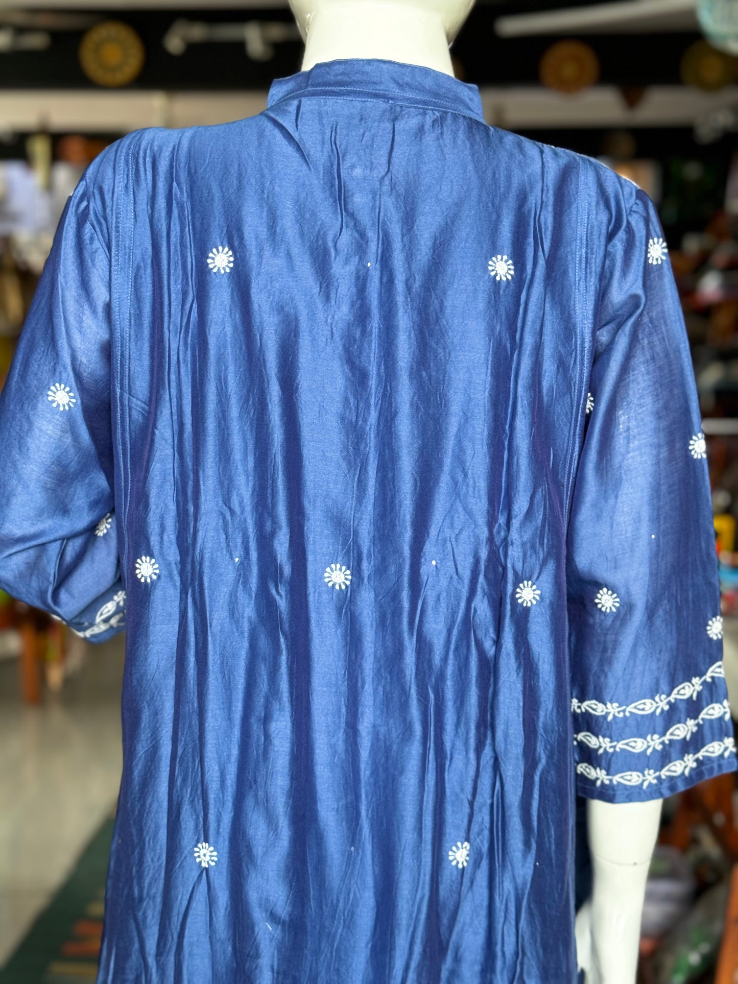 Blue Chanderi soft silk cotton chikankari hand embroidered kurta / dress